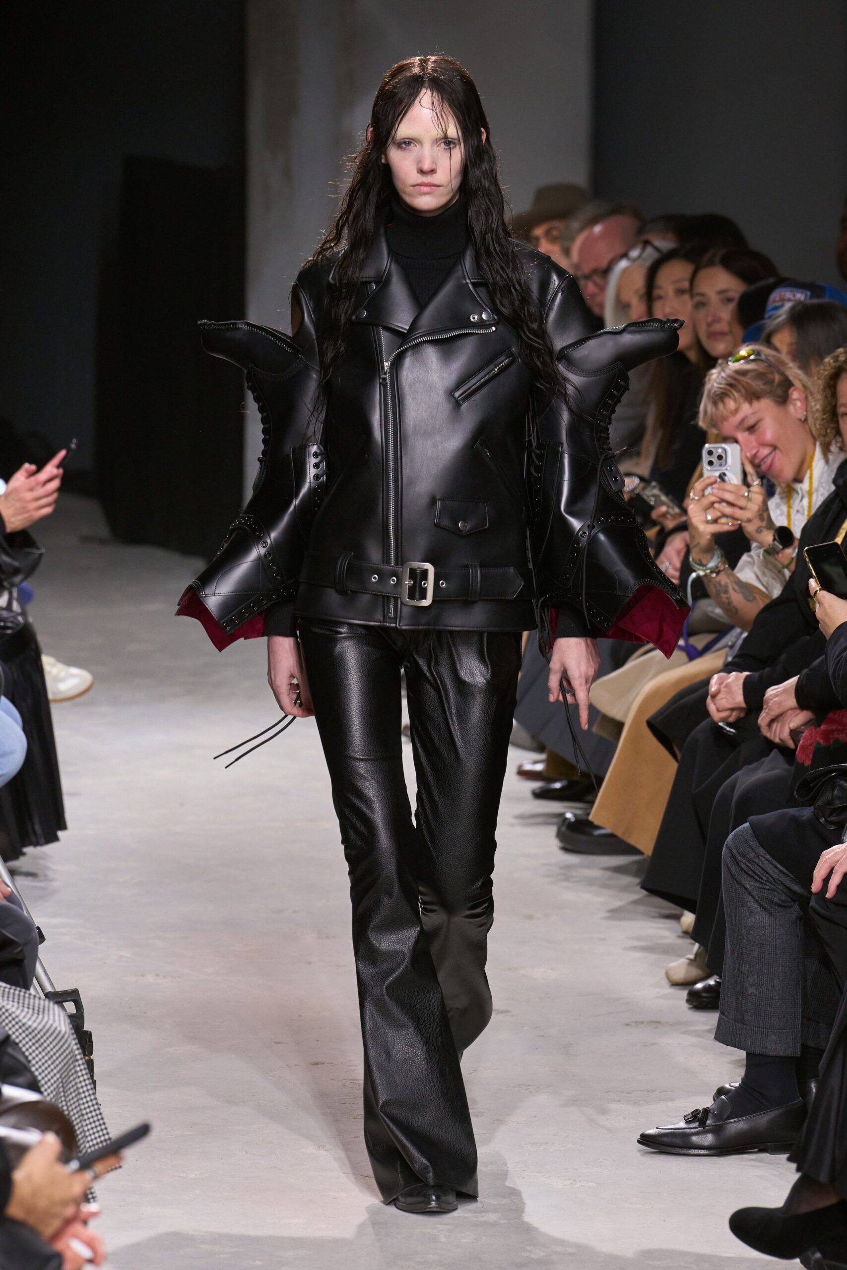 black leather fitted jacket and pants