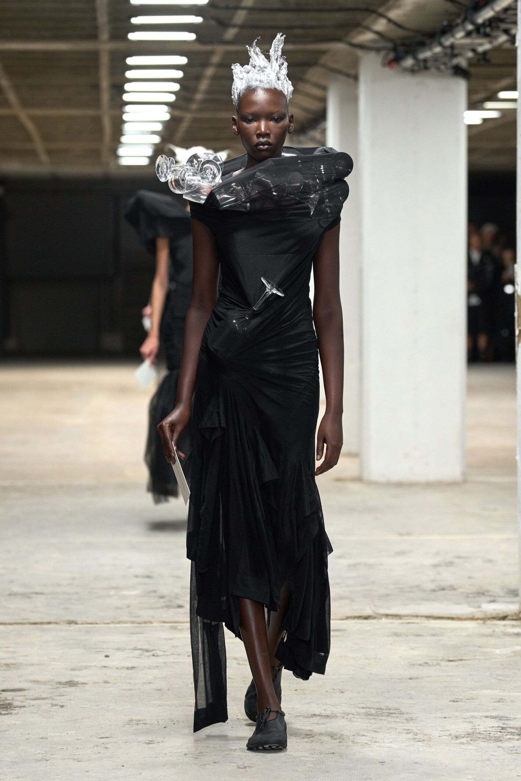 black draped midi dress with shoes