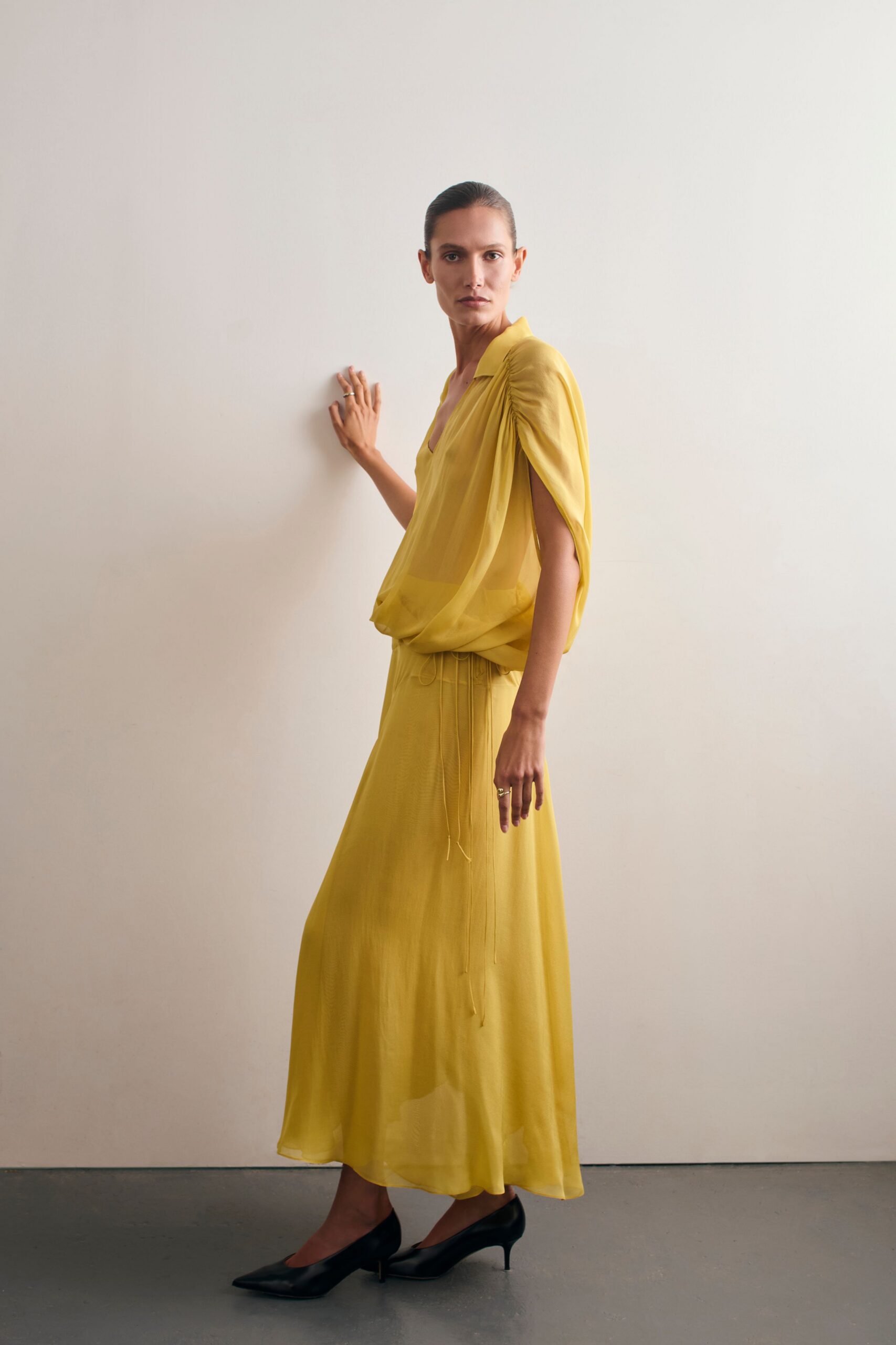 yellow chiffon sleeveless v-neck relaxed draped flowing dress