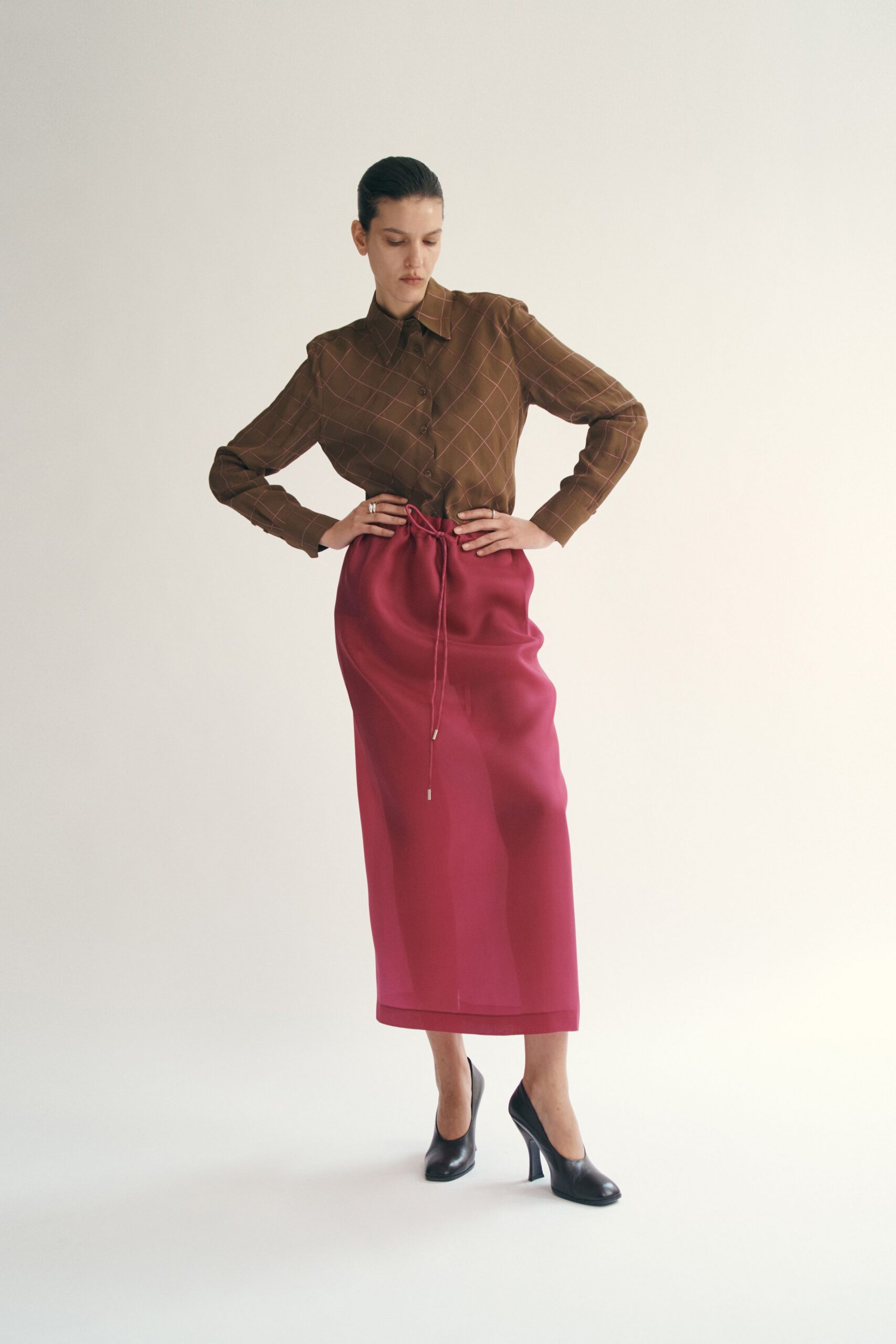 brown checked shirt pink midi skirt