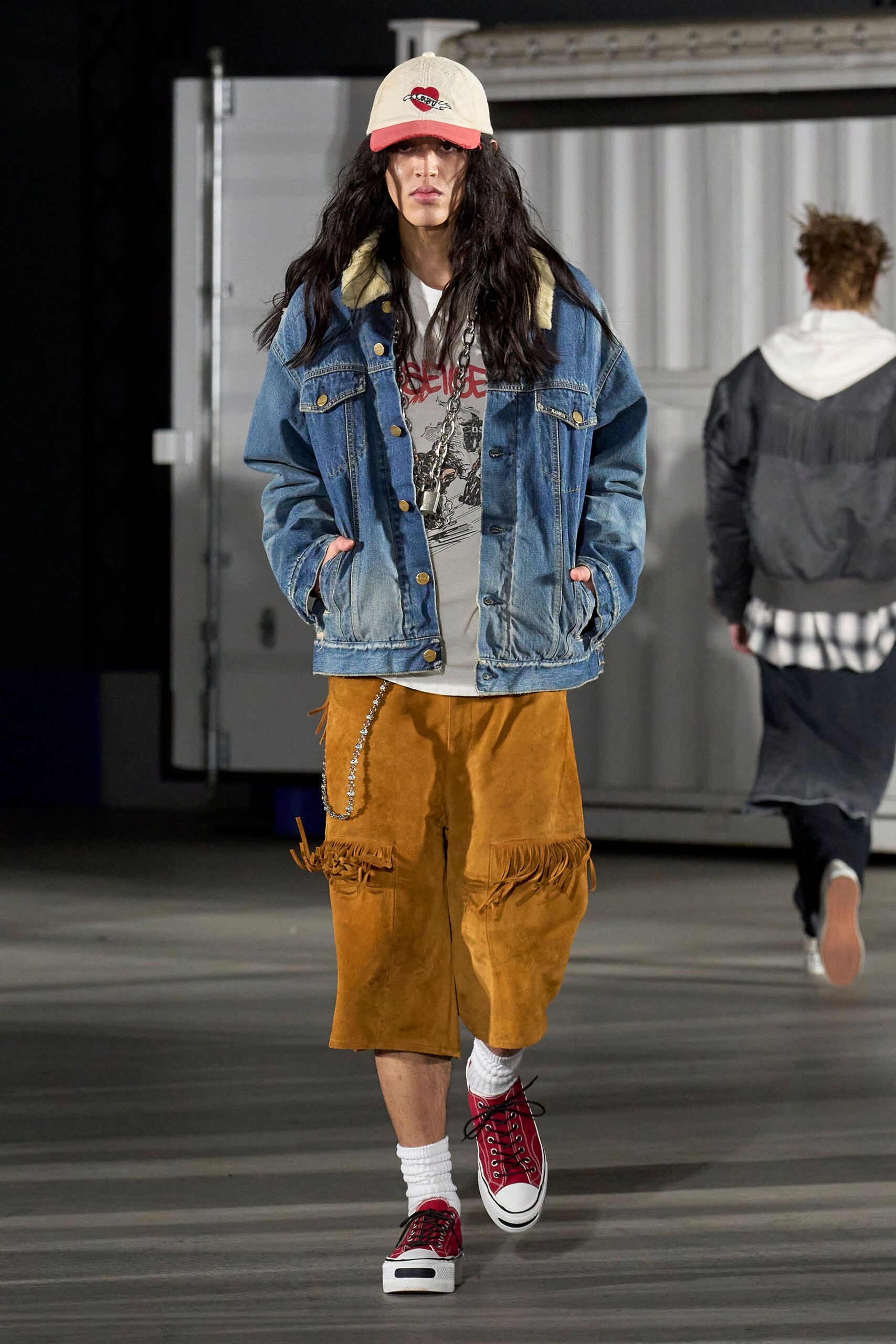 blue denim jacket with gray hoodie