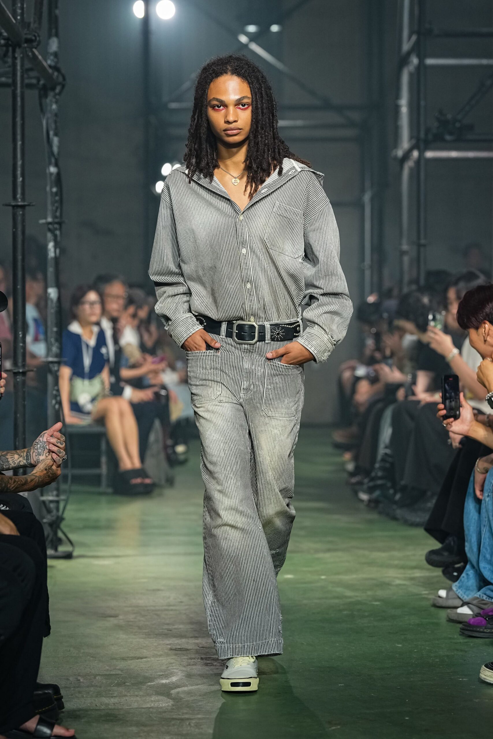 gray striped jumpsuit with belt