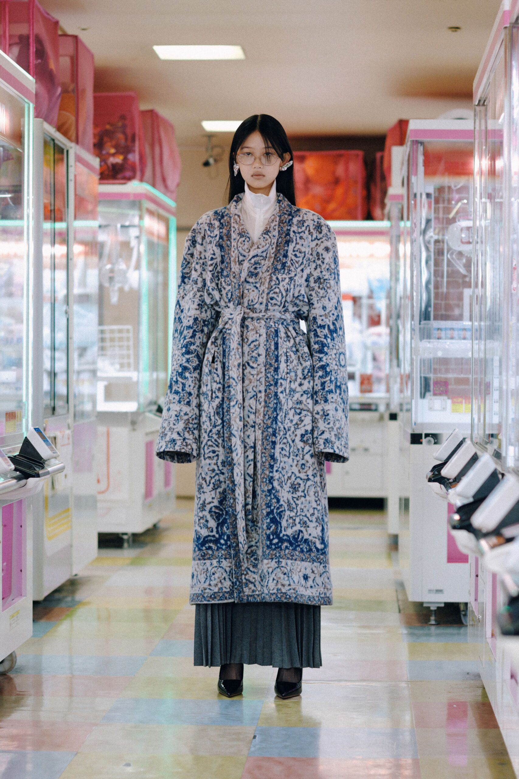 blue silk long-sleeve collared relaxed embroidered belted coat