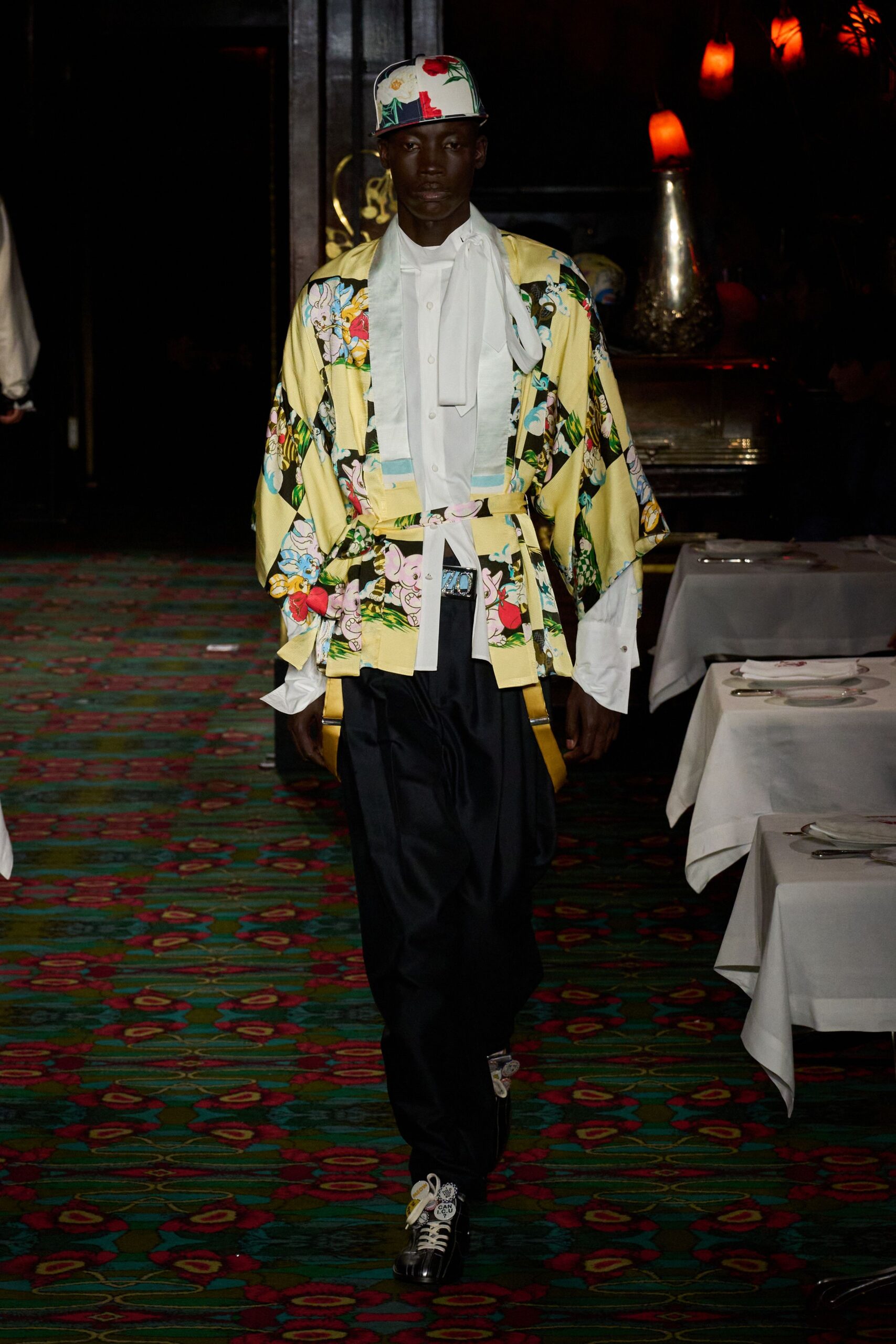 yellow silk long-sleeve collared relaxed embroidered layered jacket