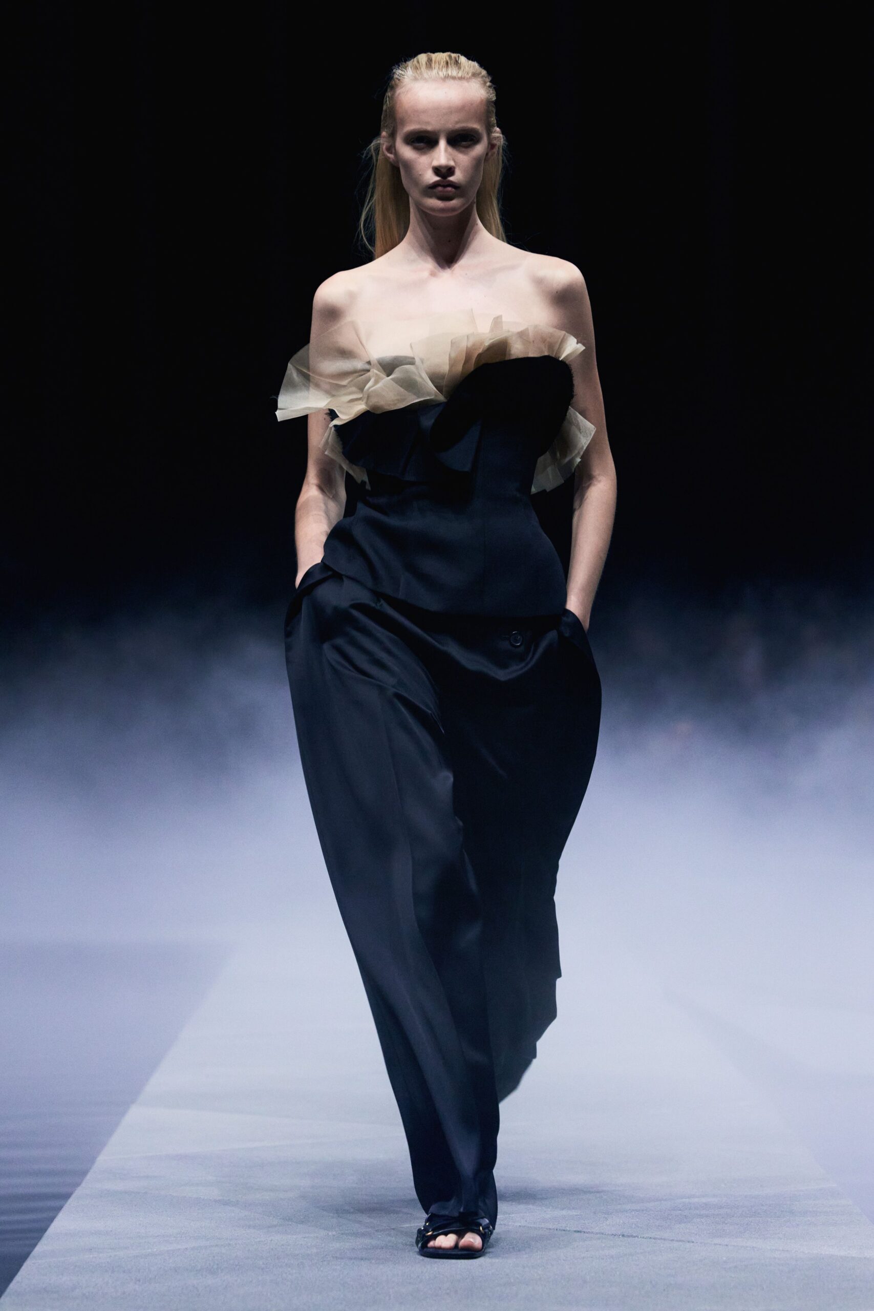 black silk sleeveless strapless fitted ruffled jumpsuit