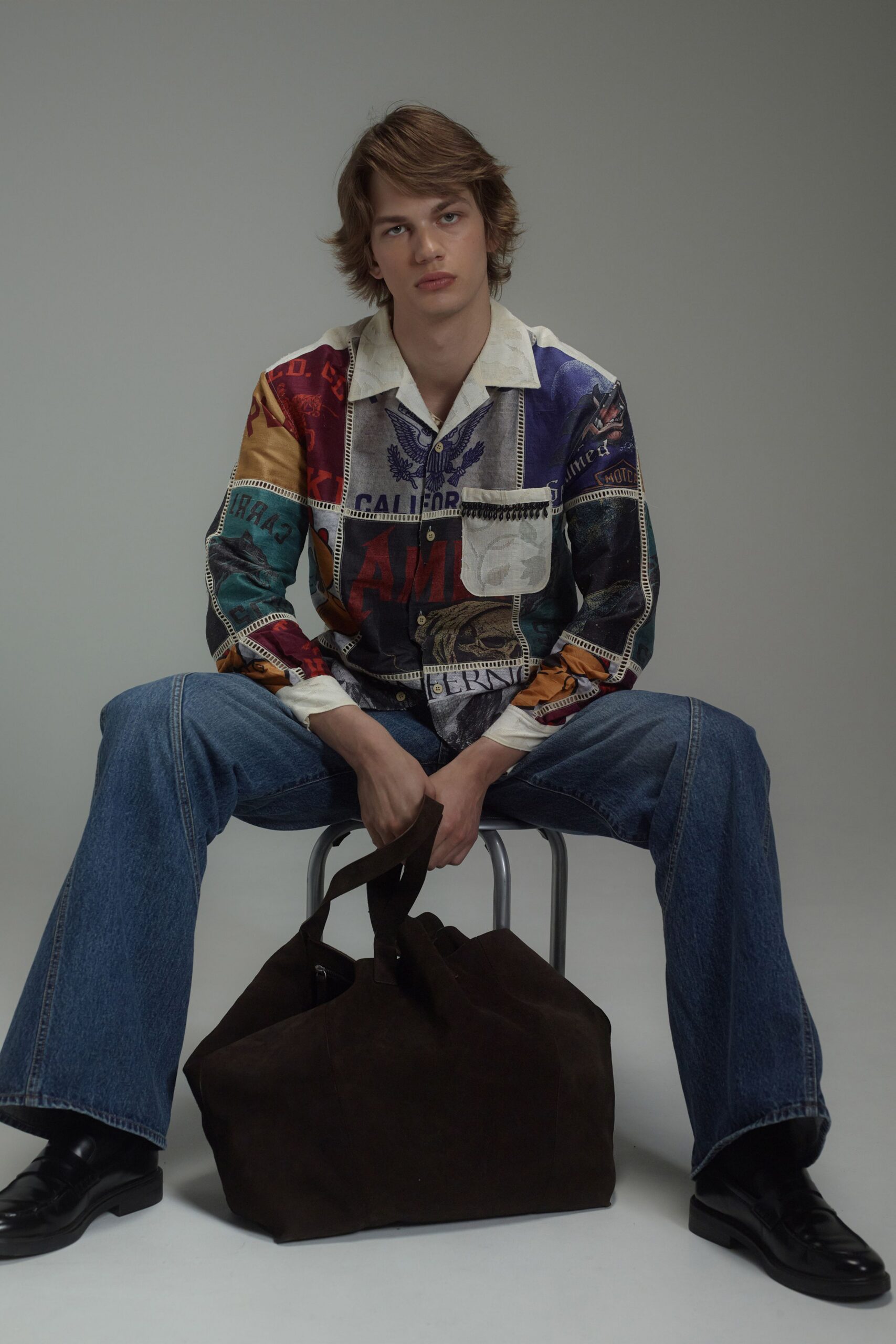 multi cotton long-sleeve collared relaxed buttoned printed shirt
