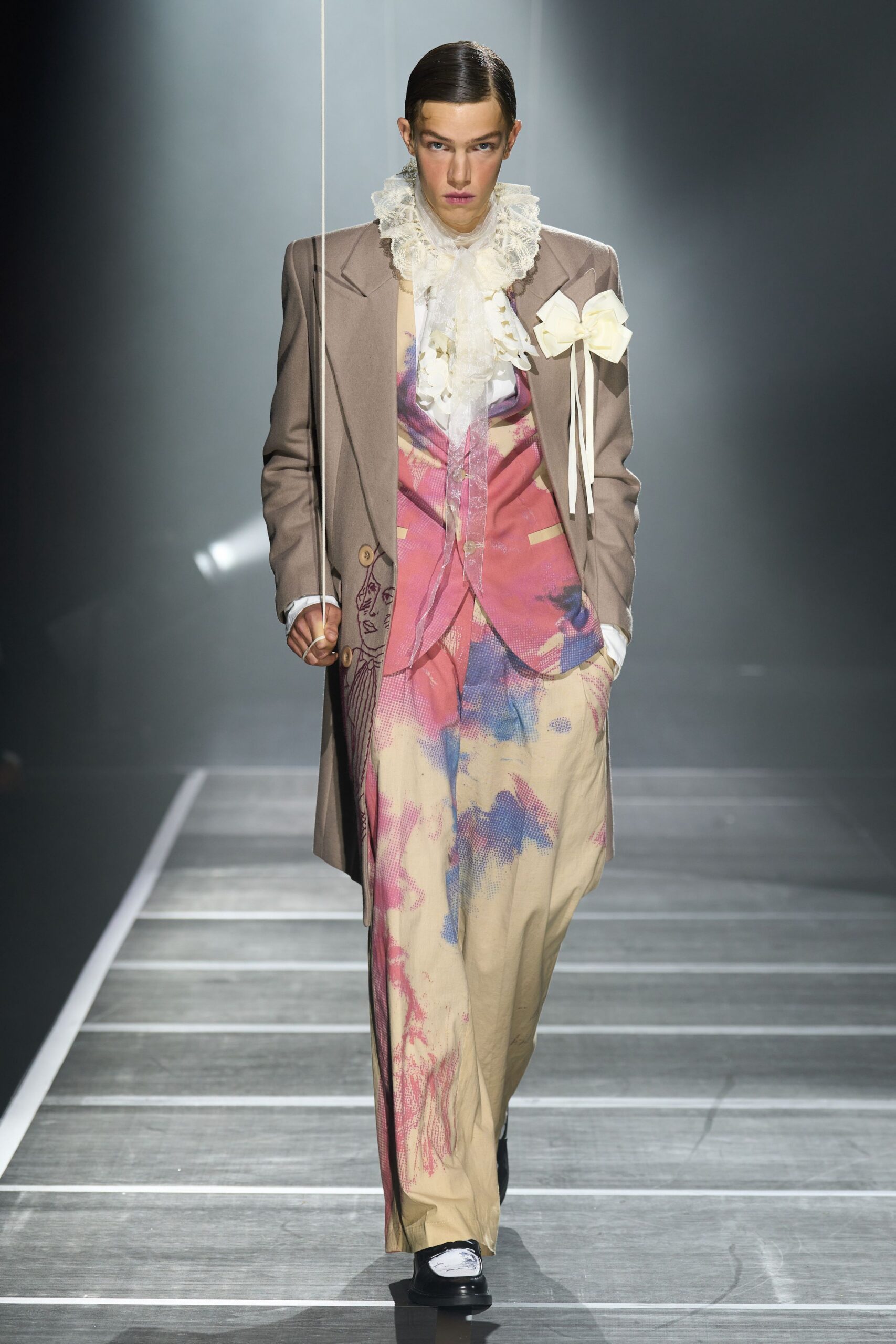 beige cotton long-sleeve collared tailored color-blocked embroidered suit
