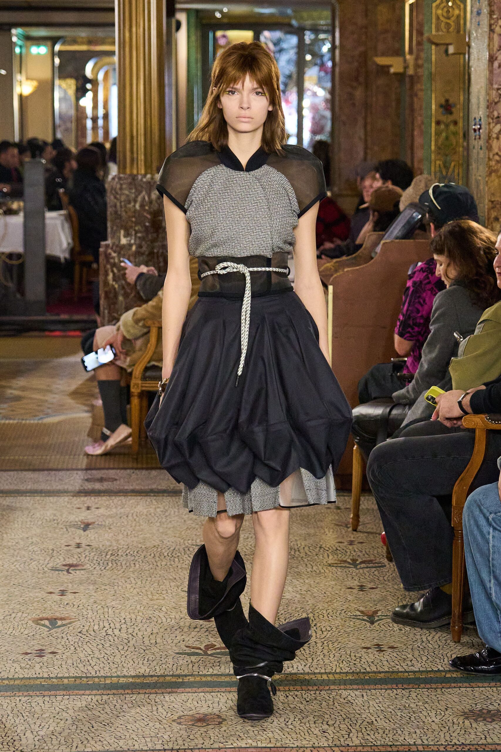 black and gray pleated top with skirt