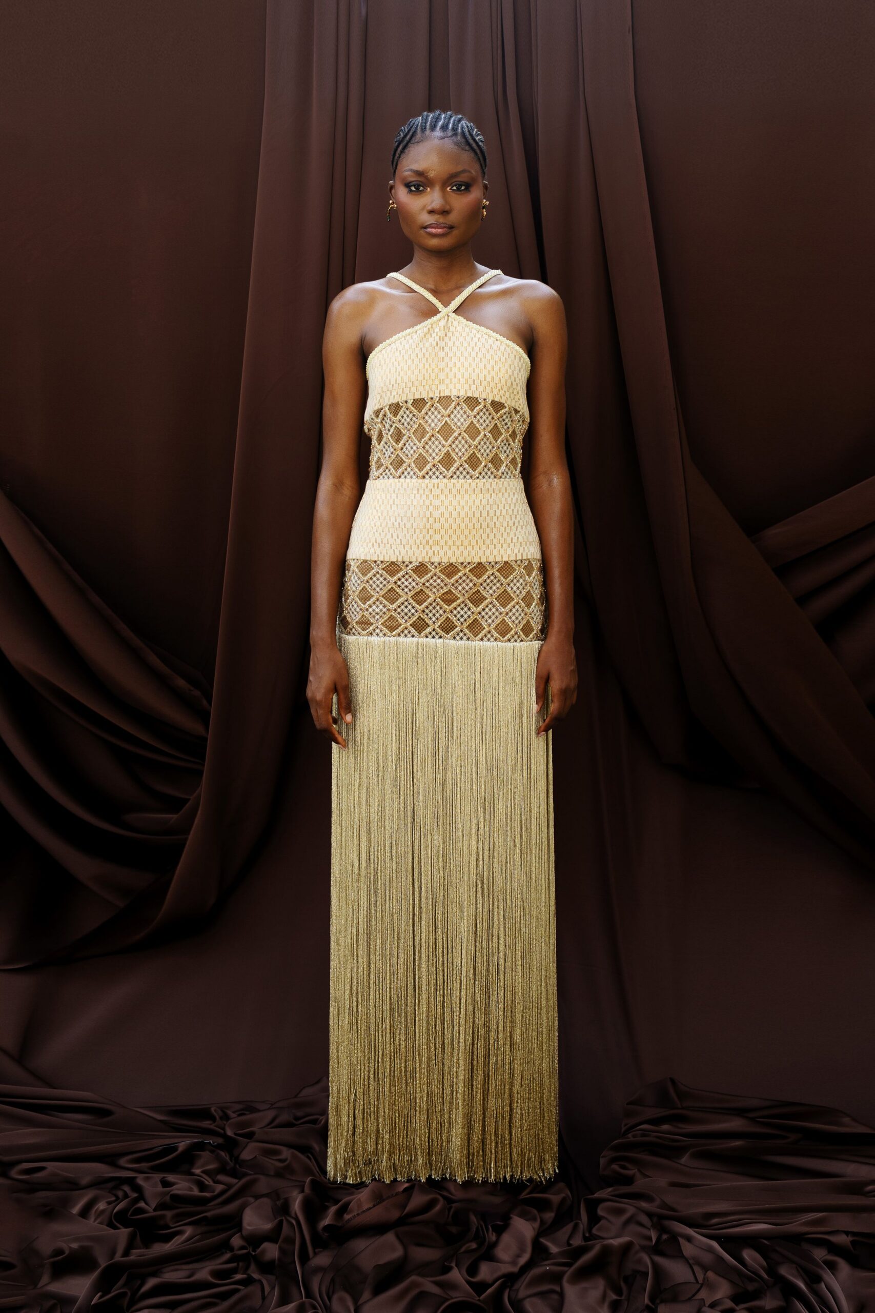 gold strapless fringed gown
