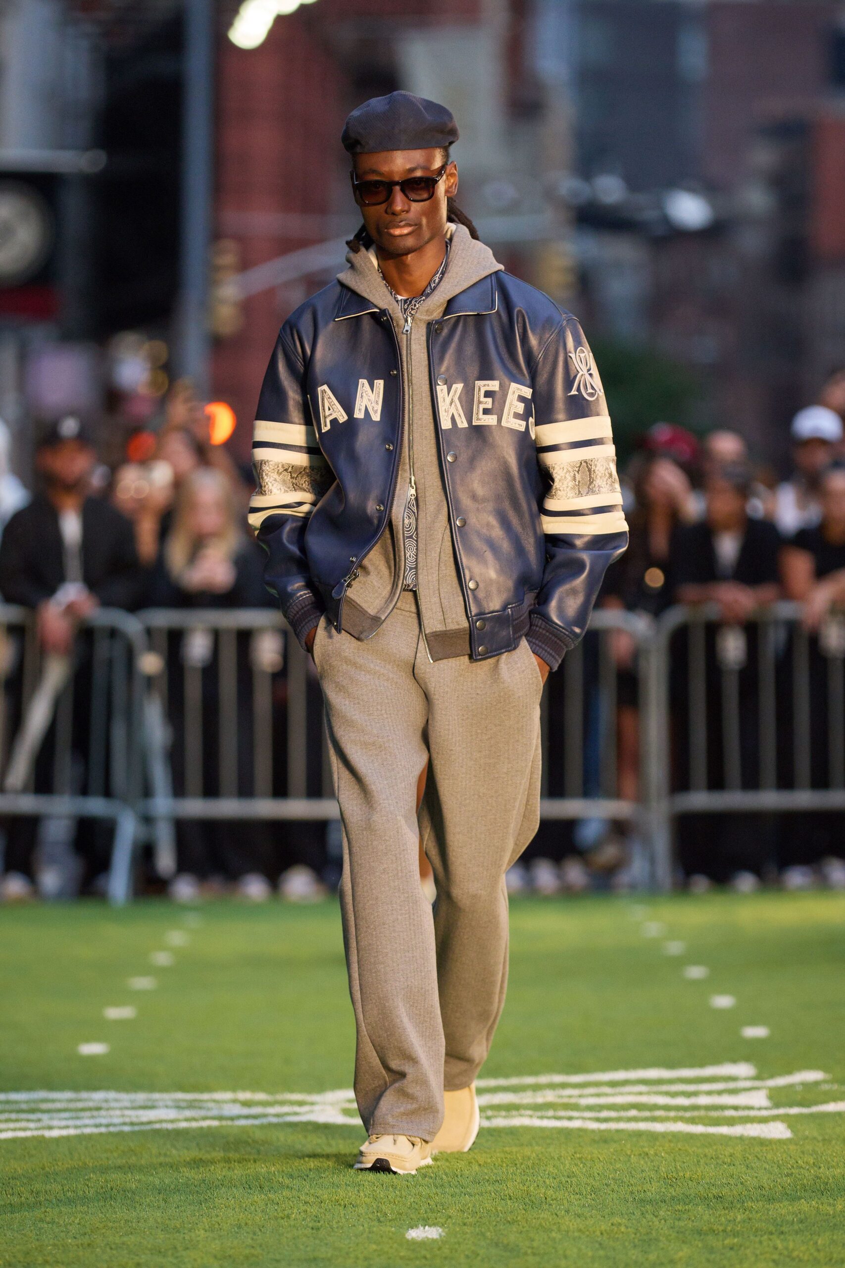 blue leather long-sleeve collared relaxed buttoned jacket