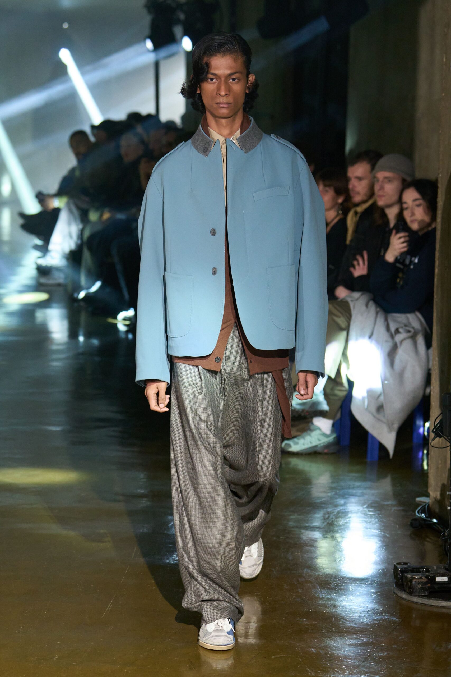 blue relaxed jacket with gray pants