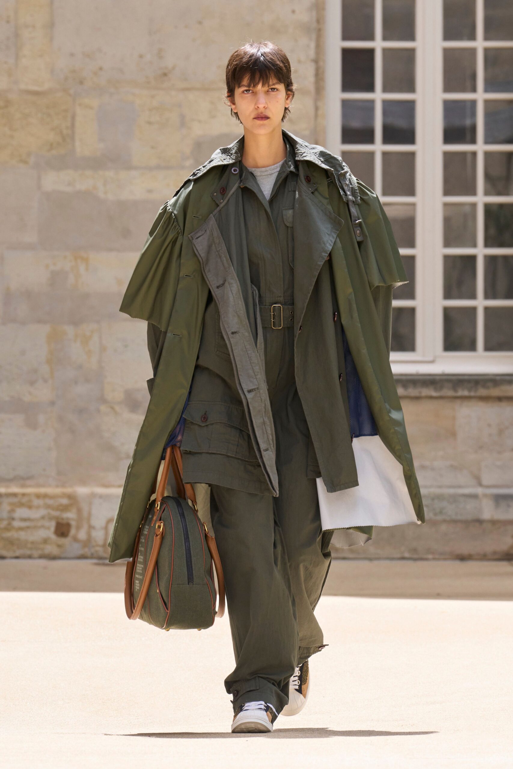 green cotton long-sleeve oversized belted coat