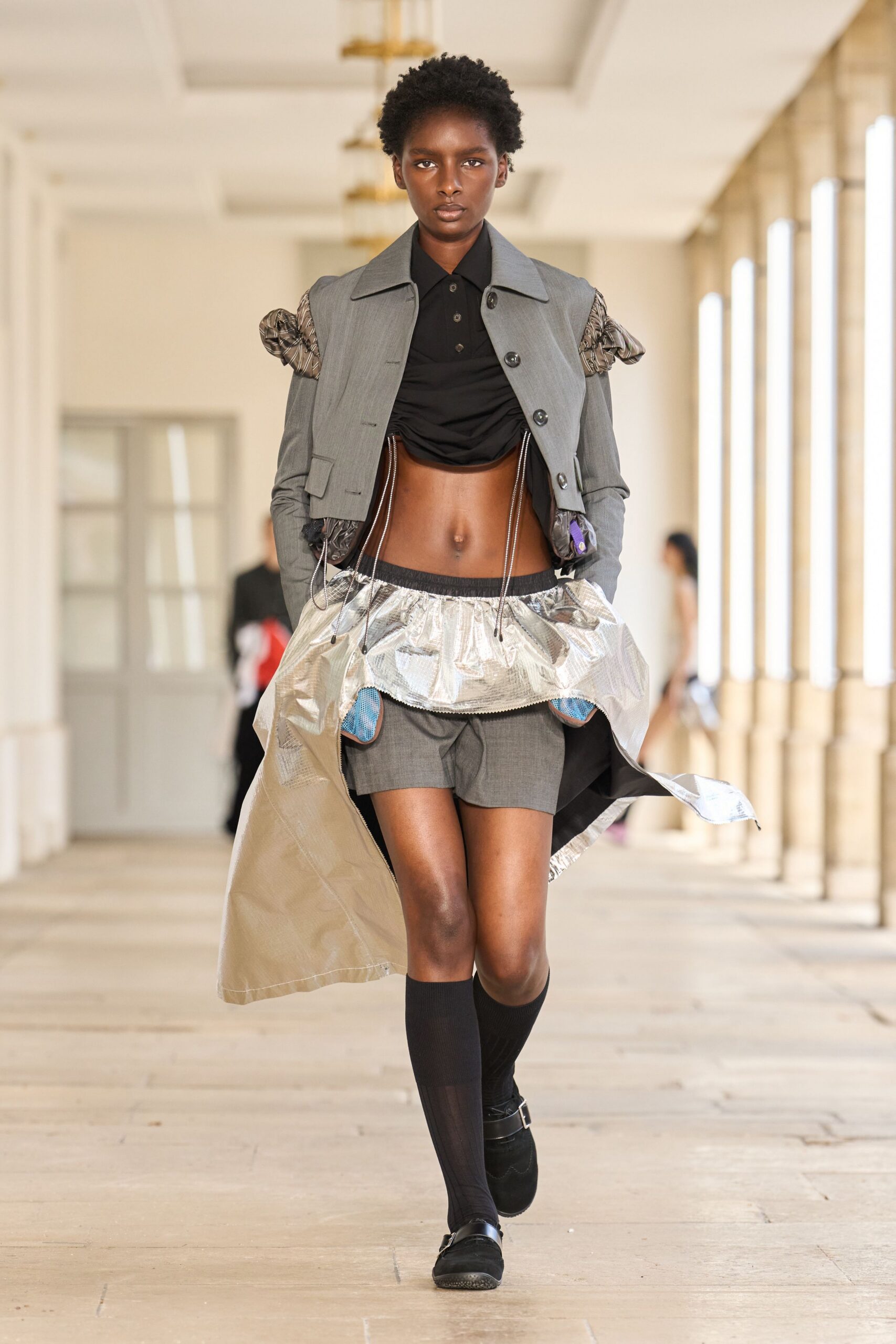 gray vinyl fitted pleated shiny skirt