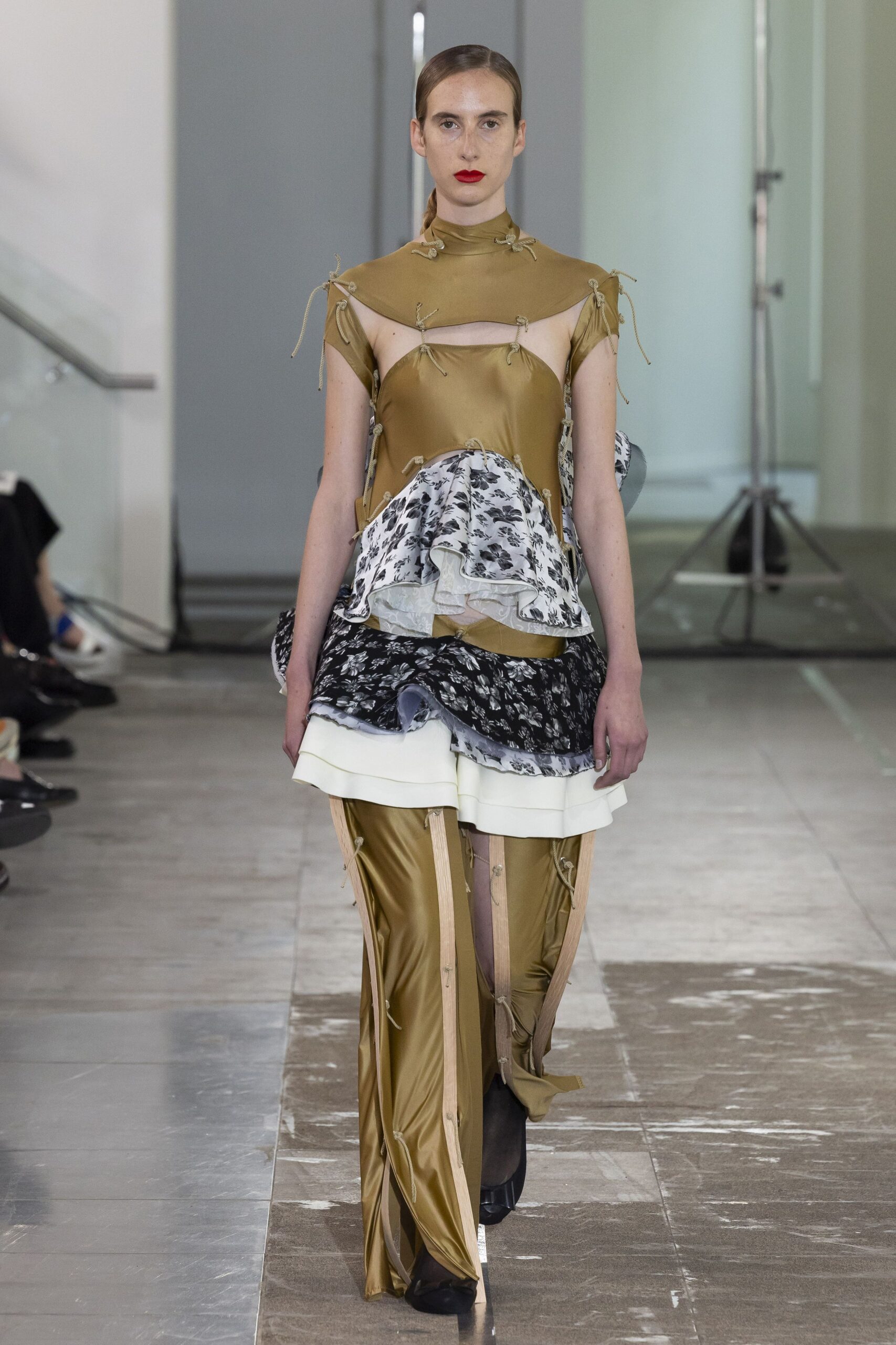 gold silk sleeveless high-neck fitted layered flared dress