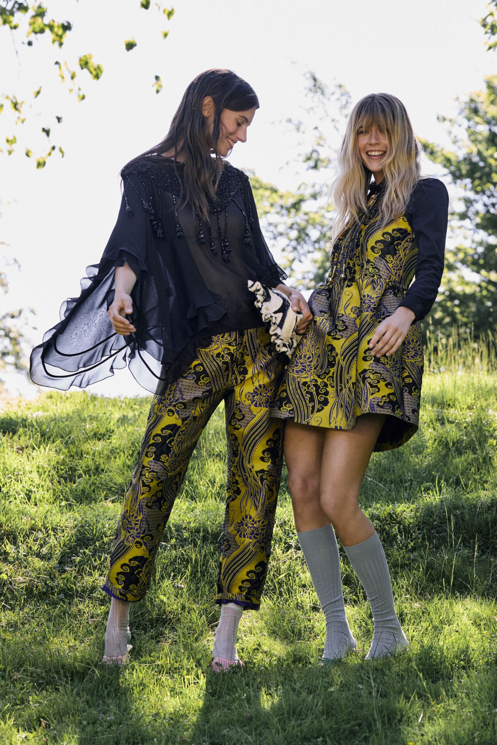 yellow cotton fitted printed pants