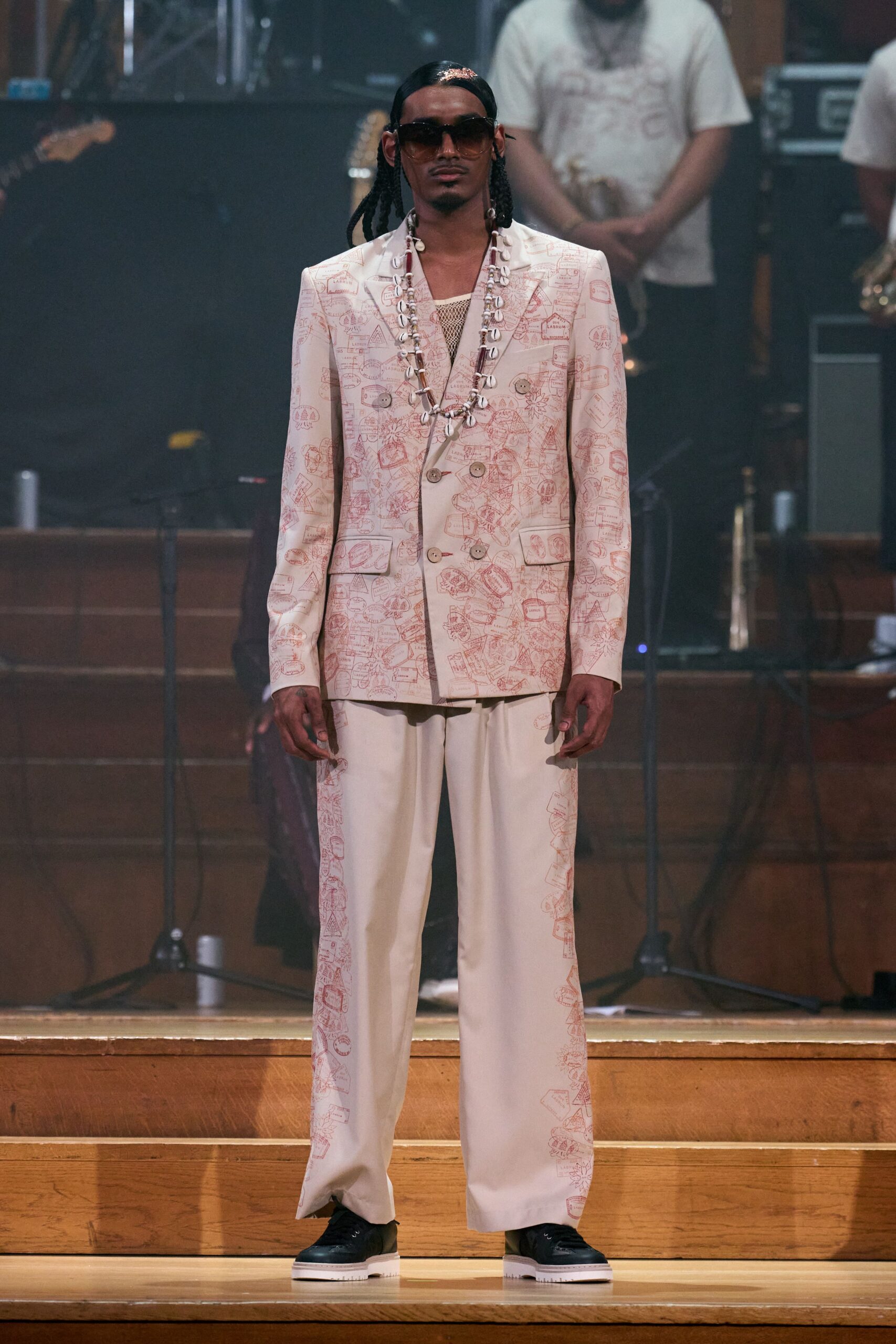beige cotton long-sleeve collared tailored printed suit