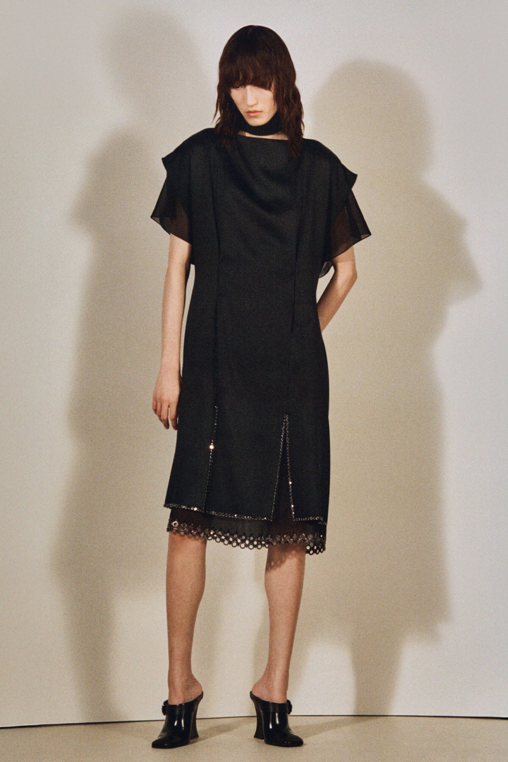 black silk midi dress with open-toe shoes