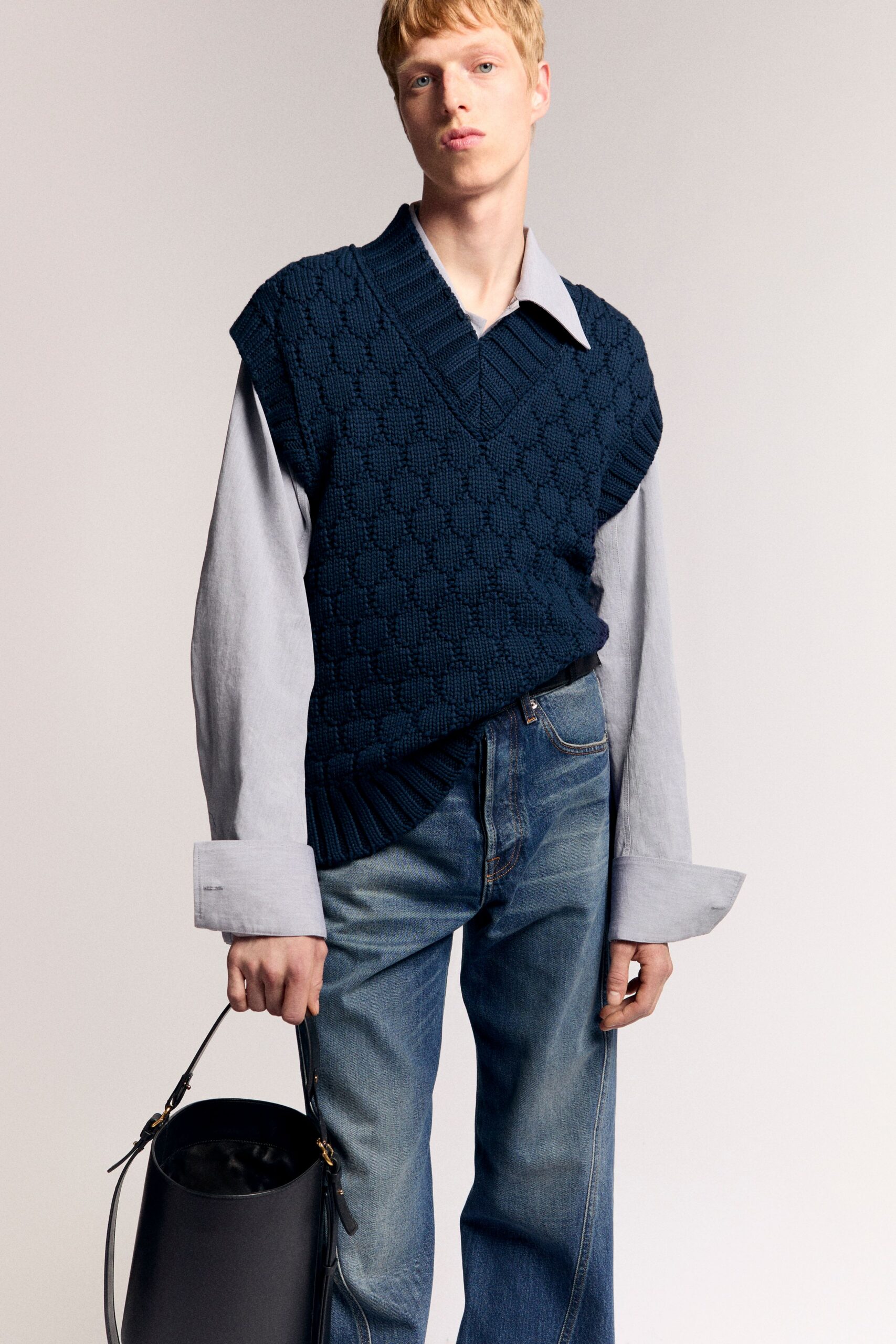 navy sweater light blue shirt