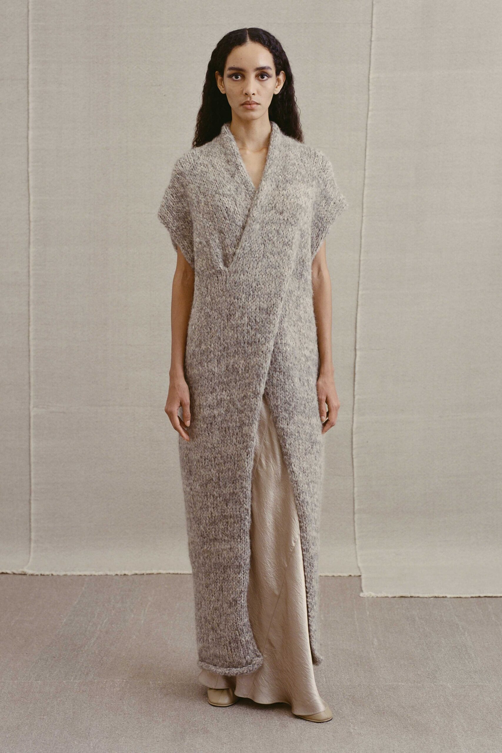 gray wool sleeveless relaxed draped maxi coat