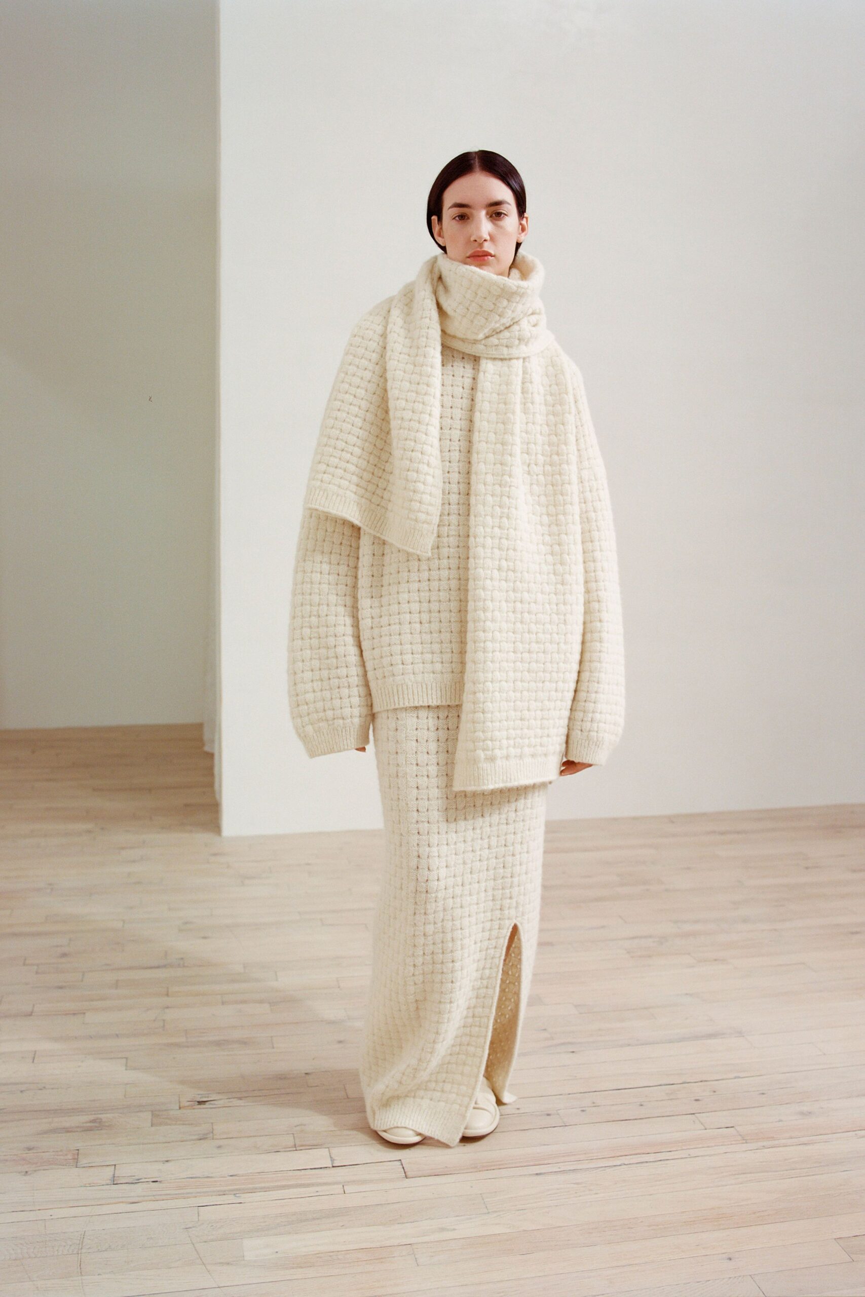 white wool long-sleeve high-neck oversized textured sweater