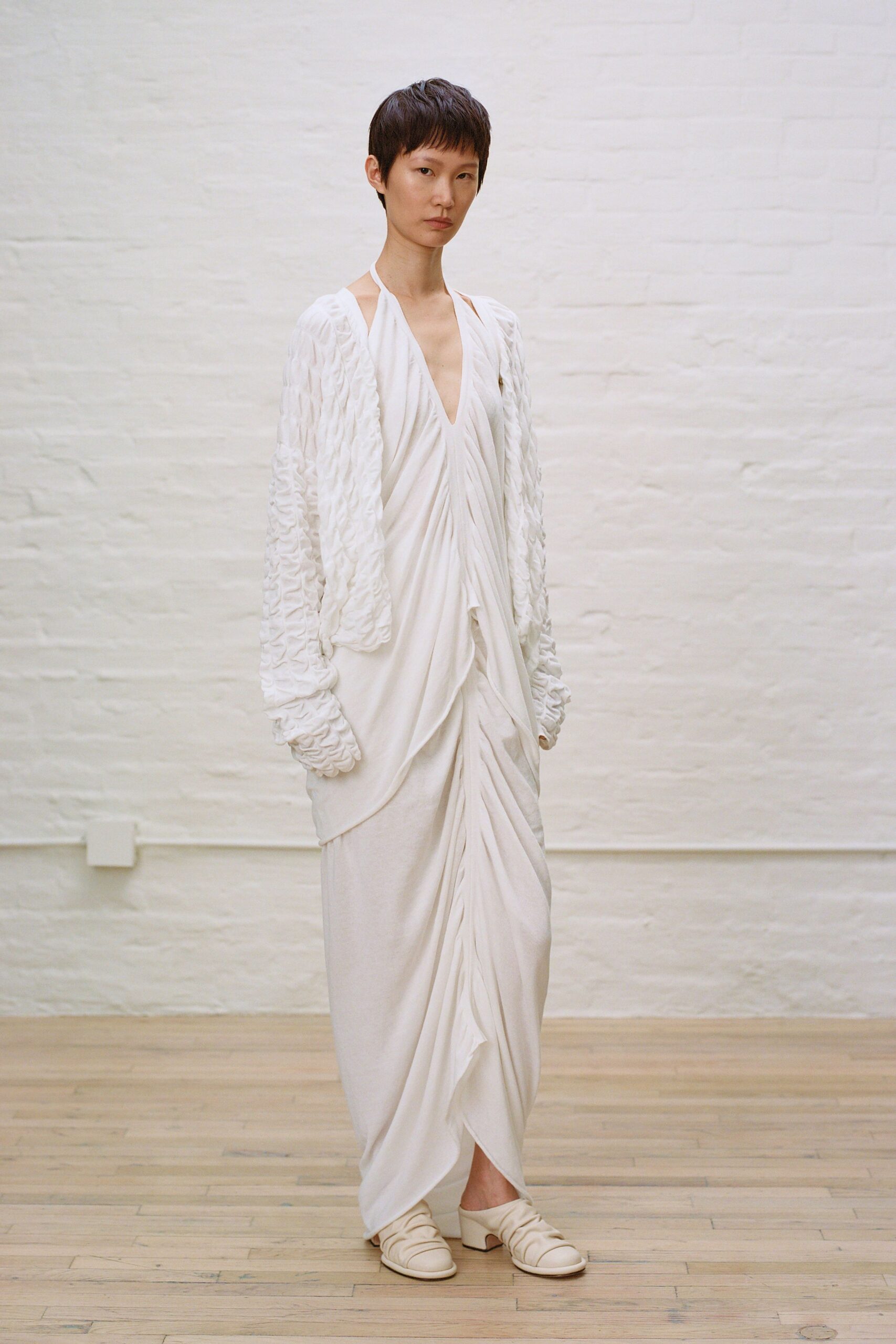 white draped maxi dress with jacket