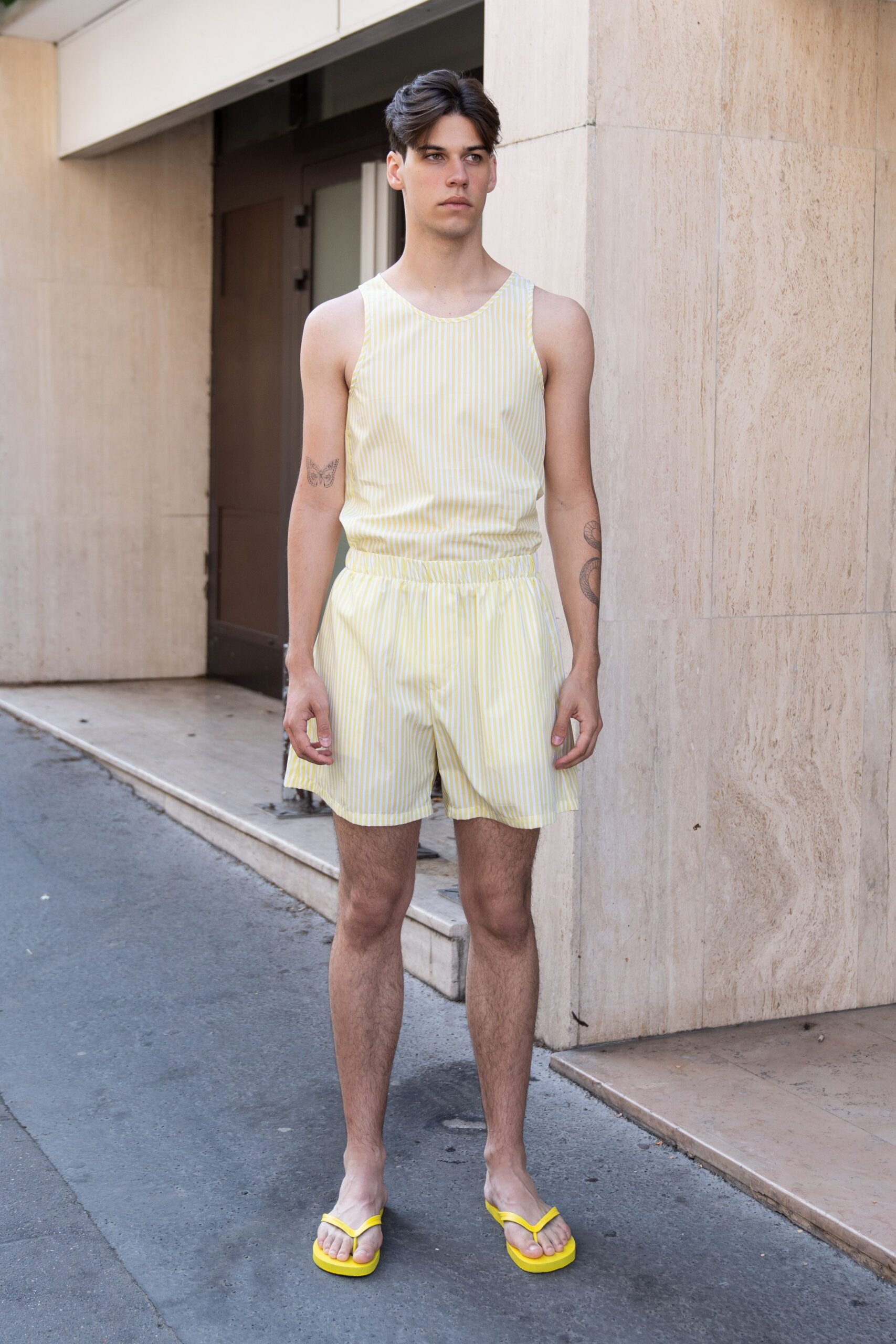 yellow striped tank-top and shorts