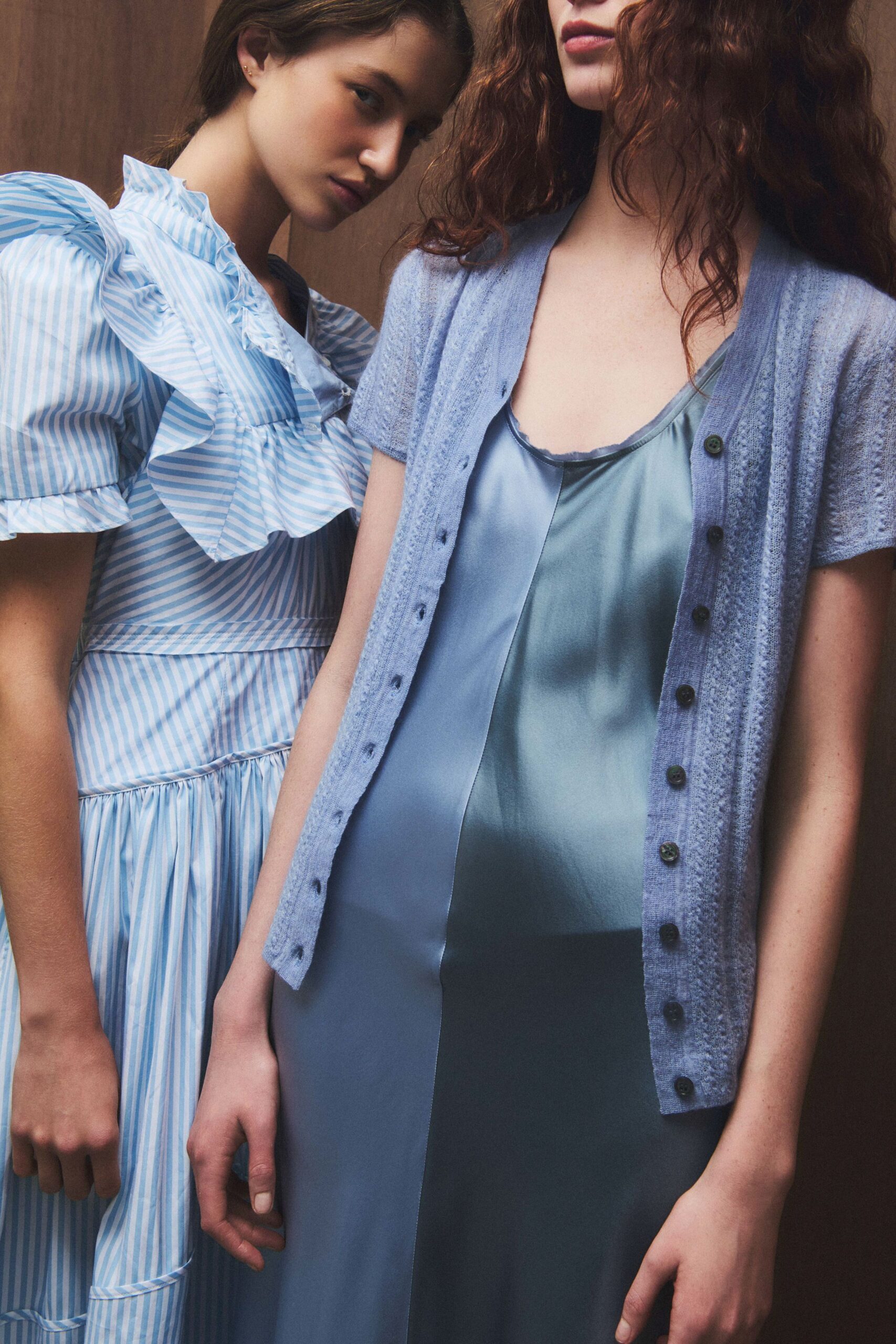 blue cotton short-sleeve collared fitted striped ruffled dress