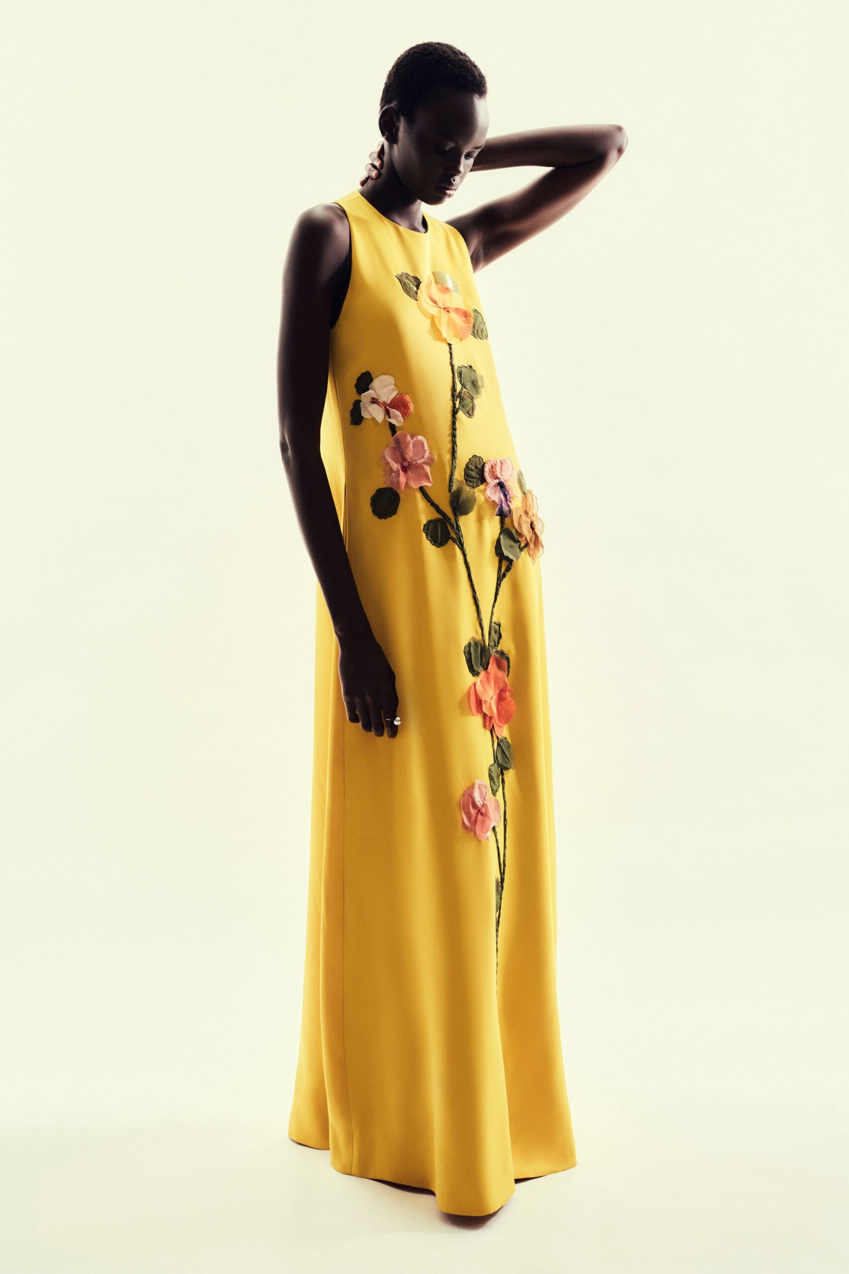yellow embroidered sleeveless gown