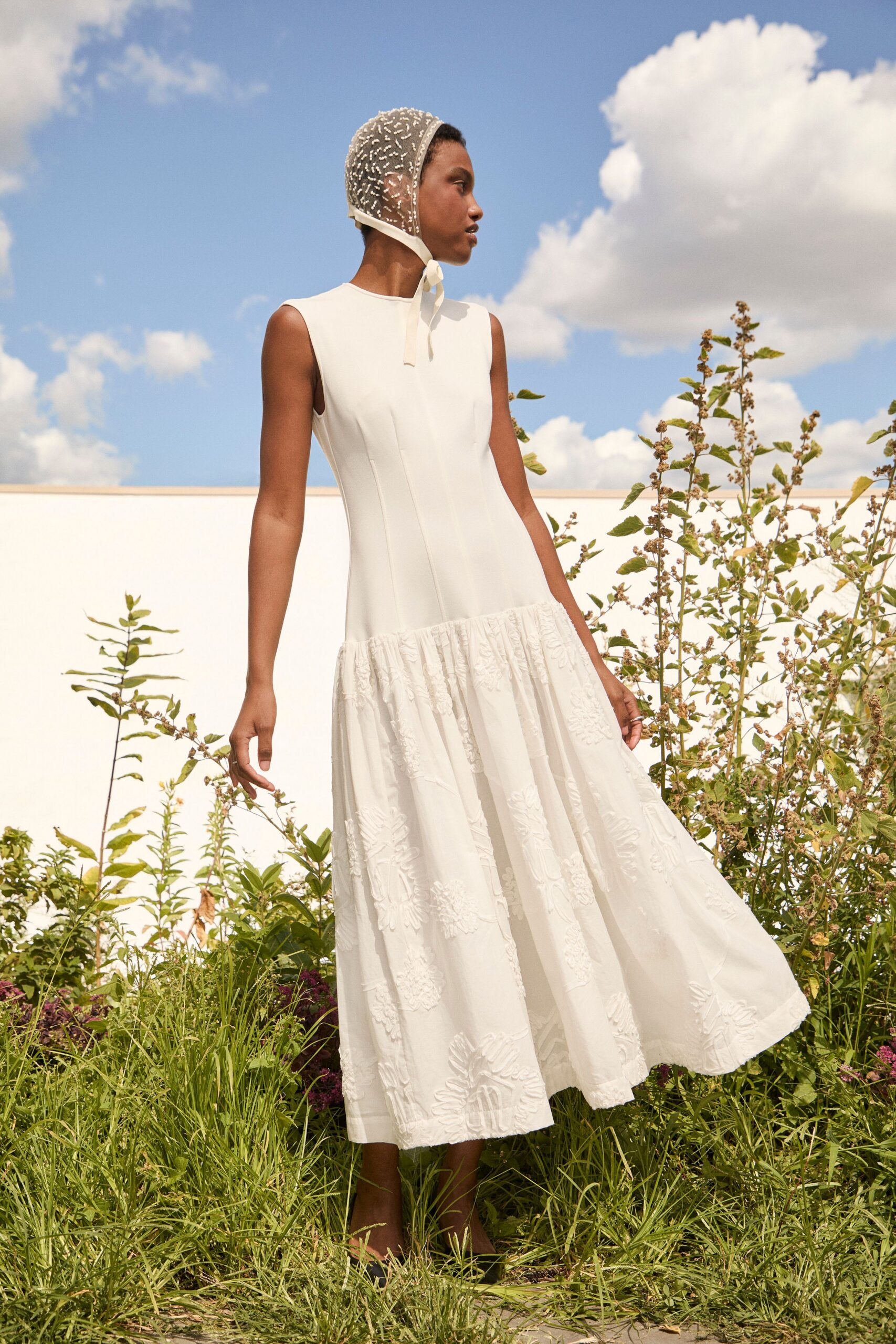 white pleated midi dress