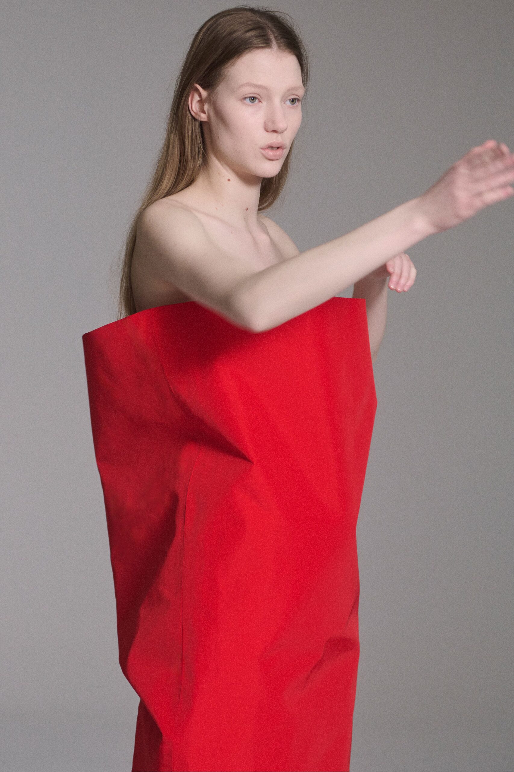 red strapless vinyl dress