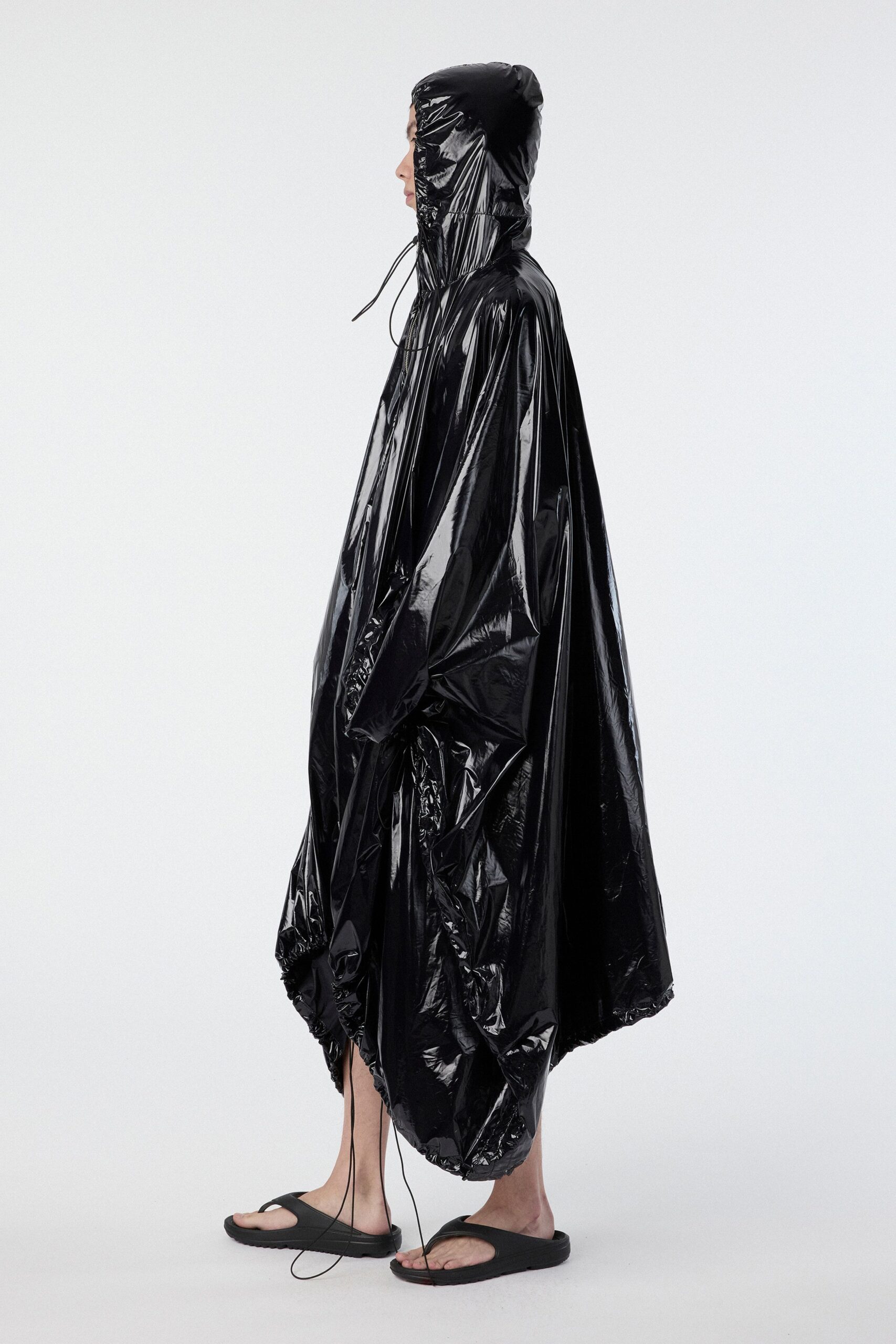black vinyl hooded relaxed zippered shiny poncho
