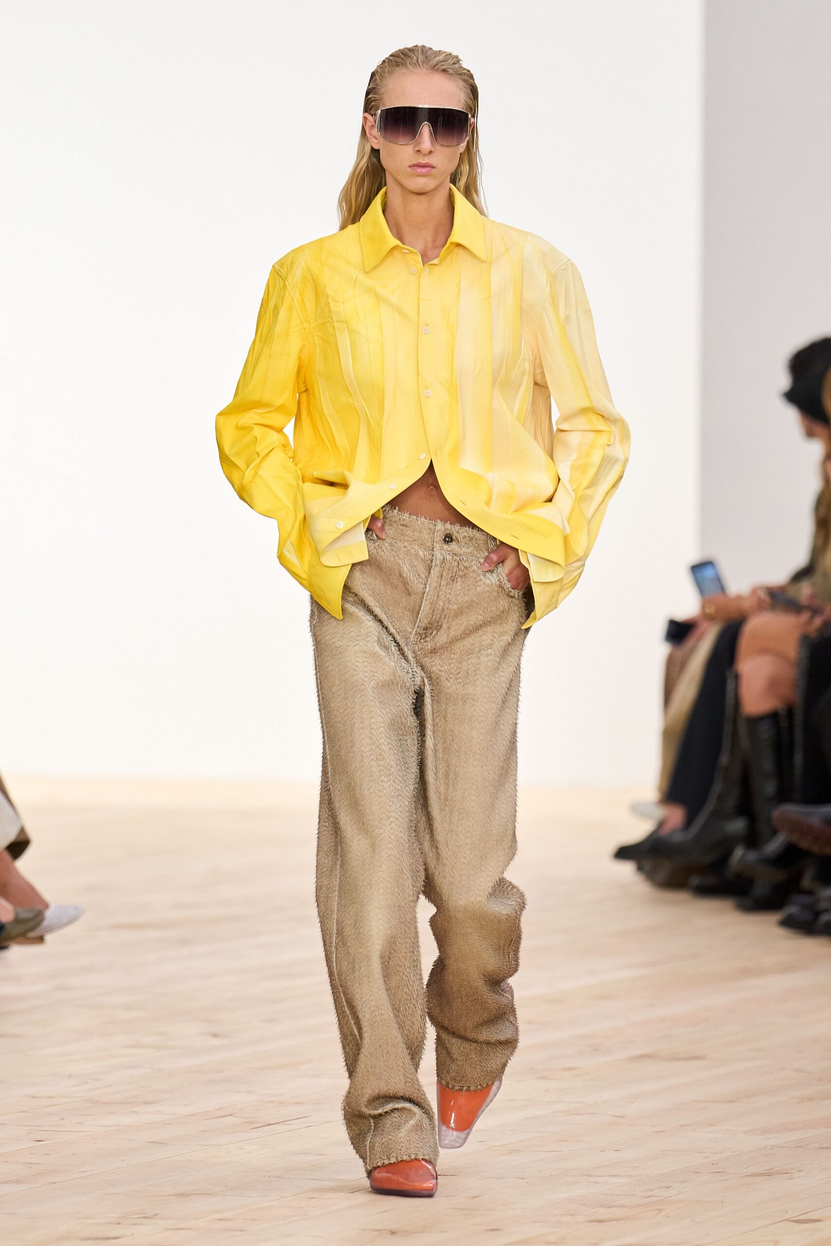 yellow silk shirt beige pants