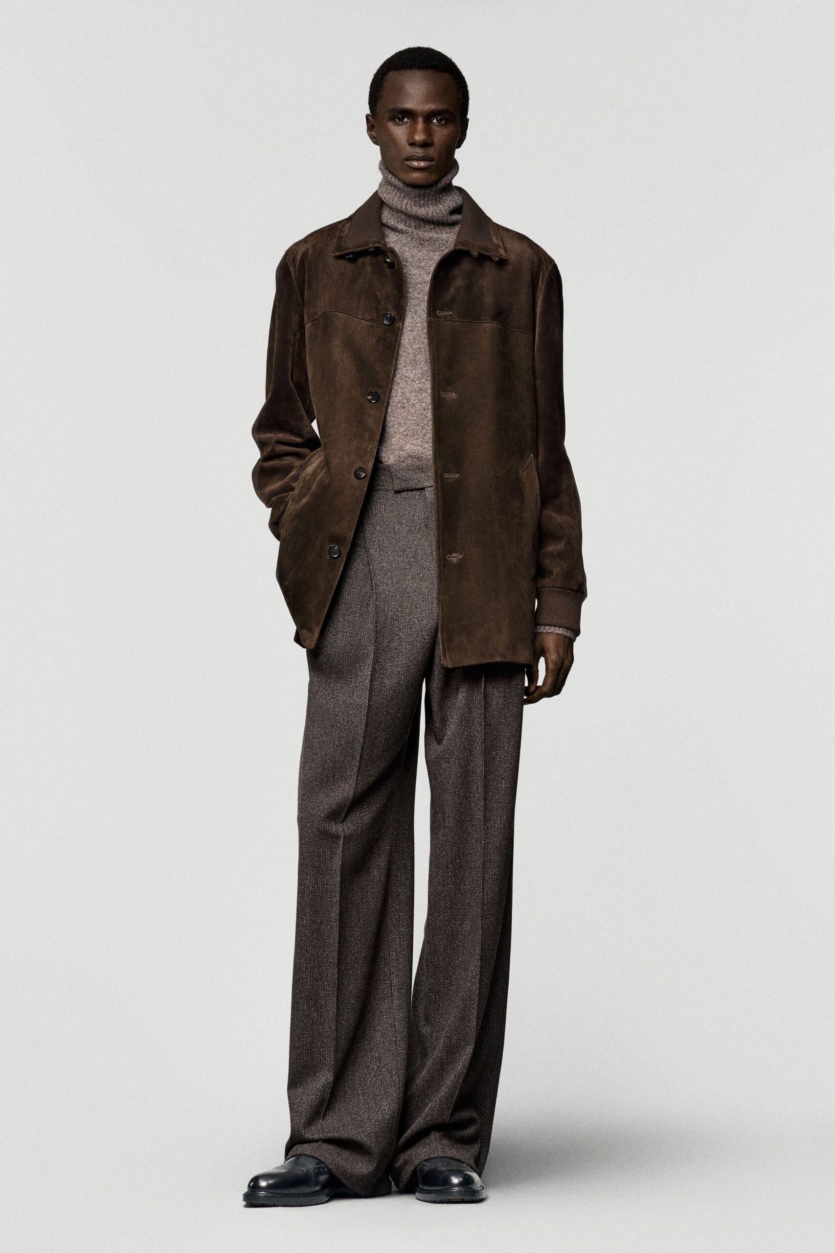 brown suede long-sleeve collared relaxed buttoned jacket