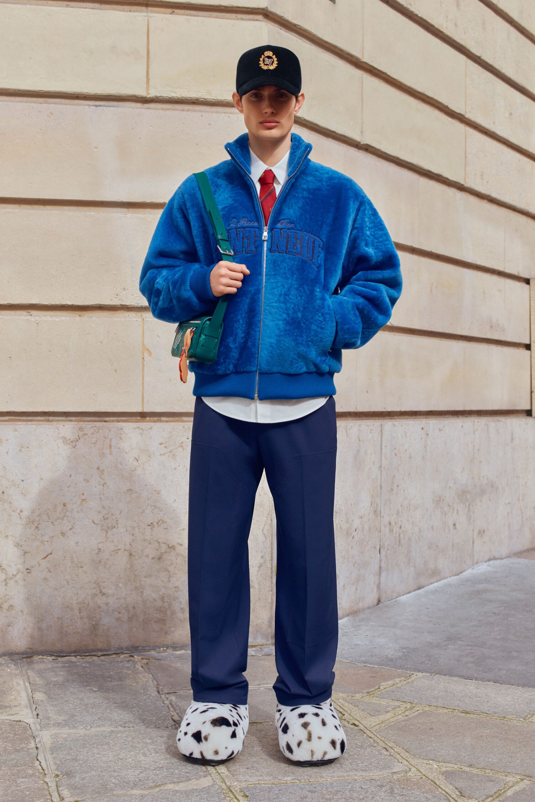 blue faux-fur jacket with tailored pants