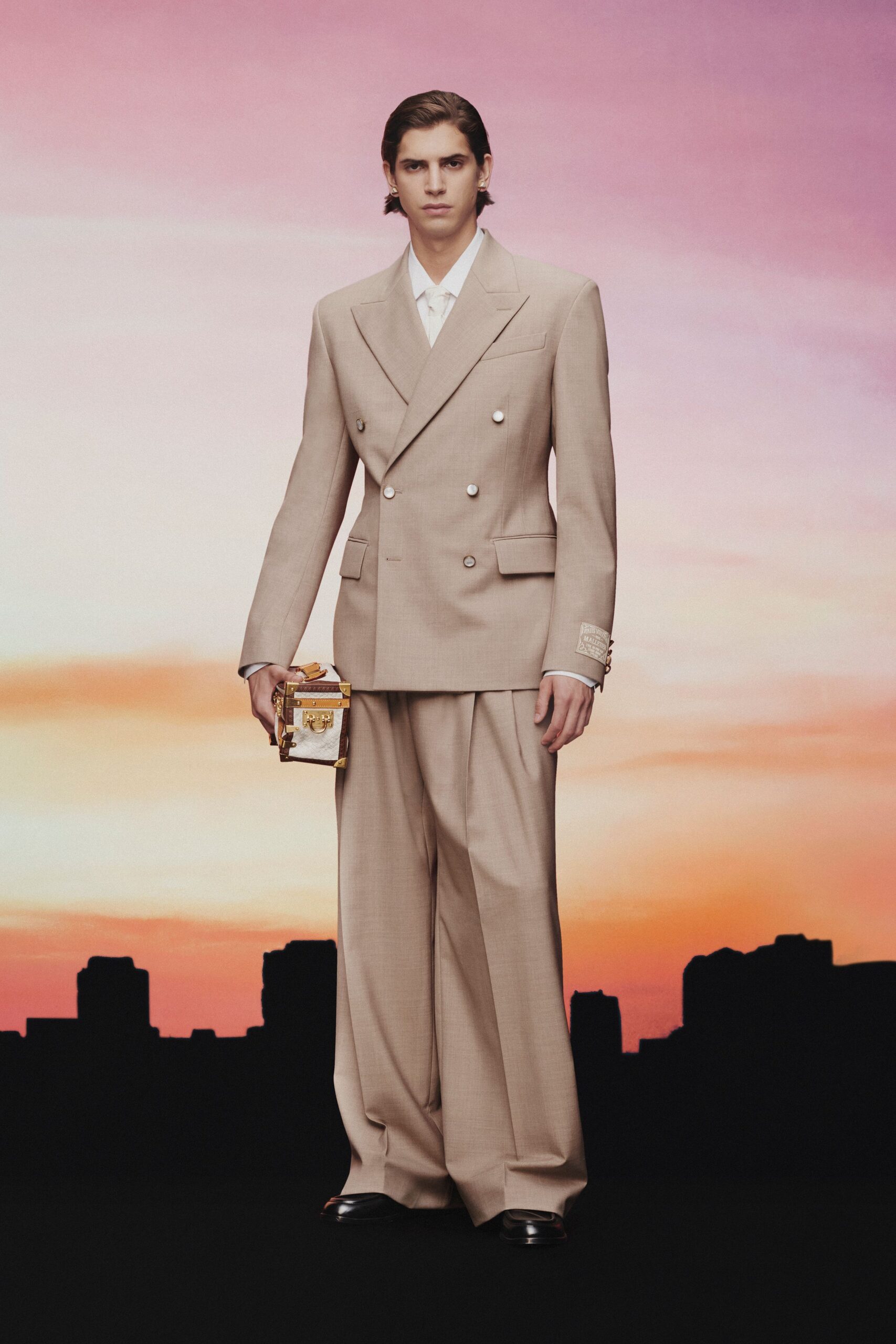 beige tailored suit with bag
