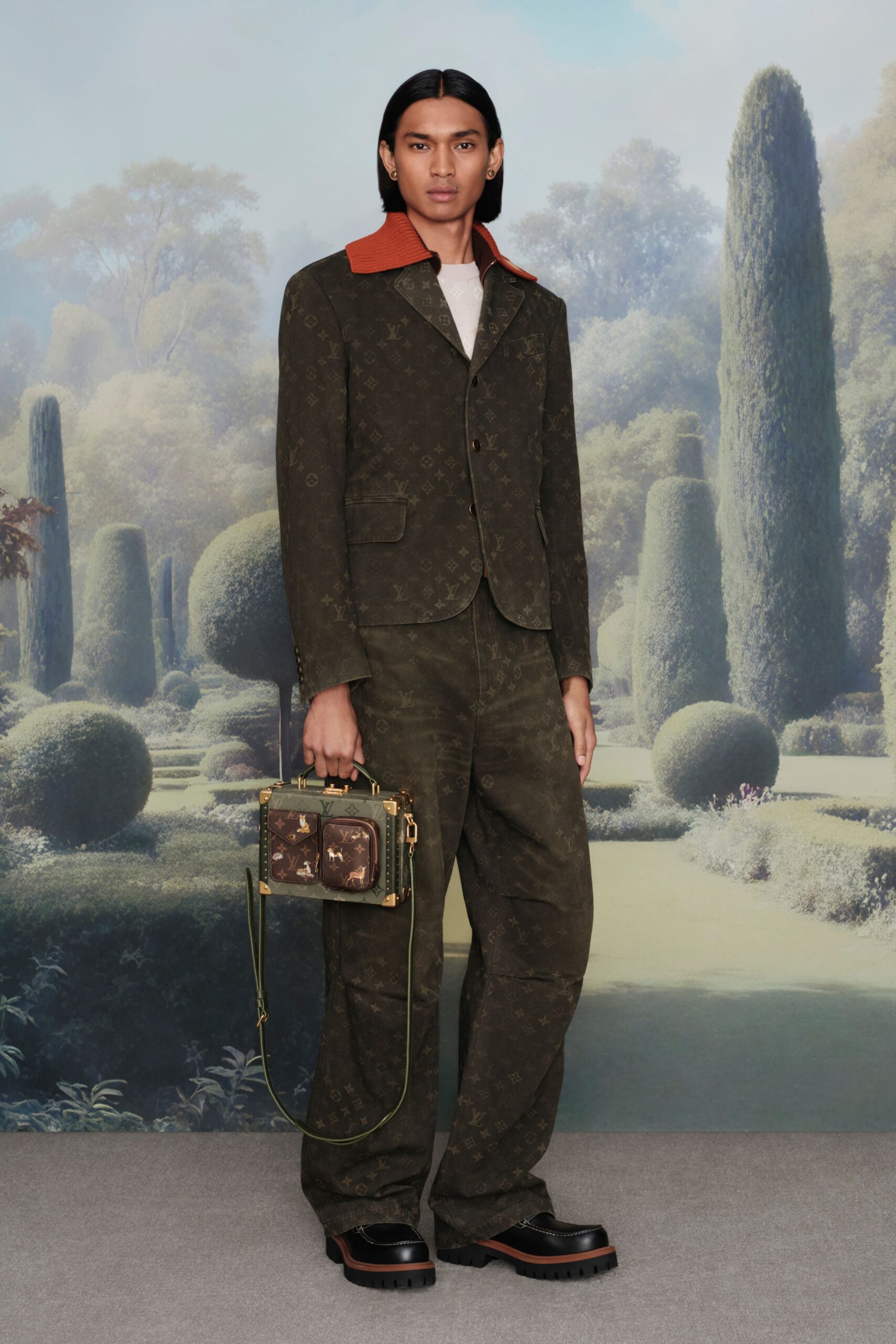 green cotton long-sleeve collared tailored printed suit