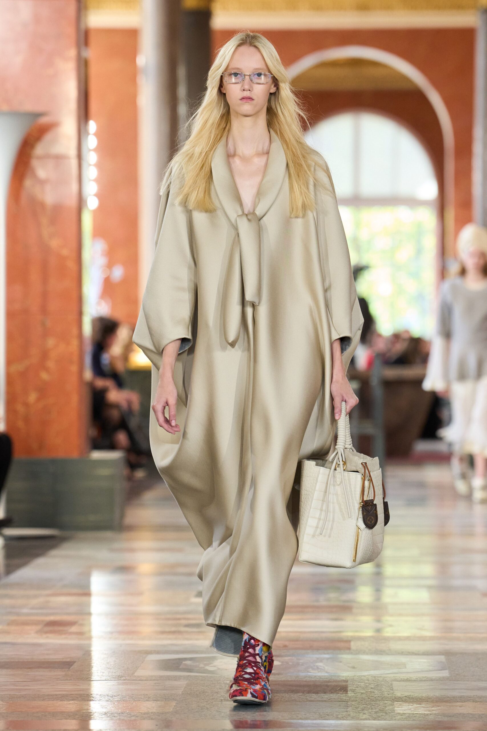 beige silk sleeveless v-neck relaxed draped flowing dress