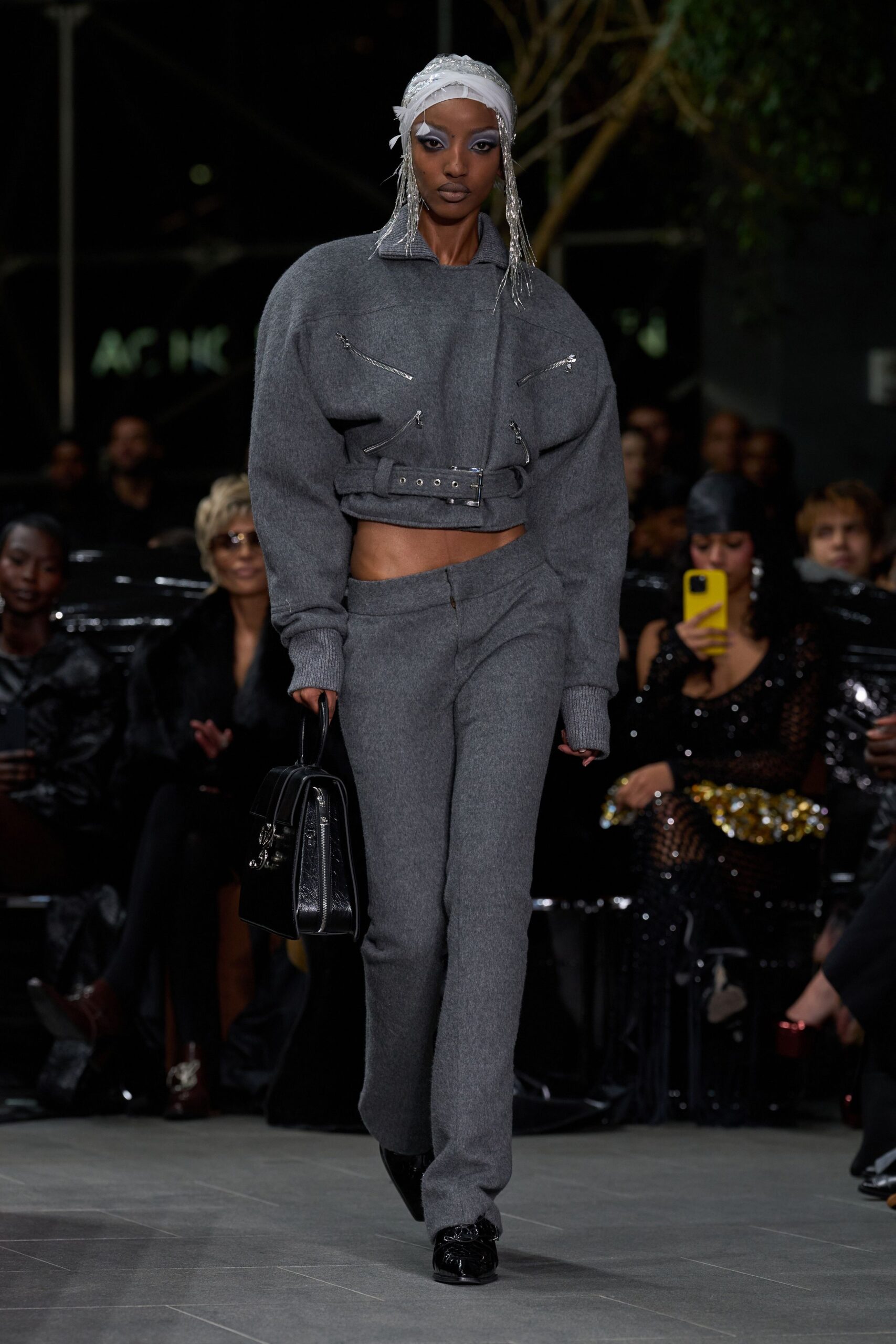 gray wool long-sleeve collared oversized zippered pockets top