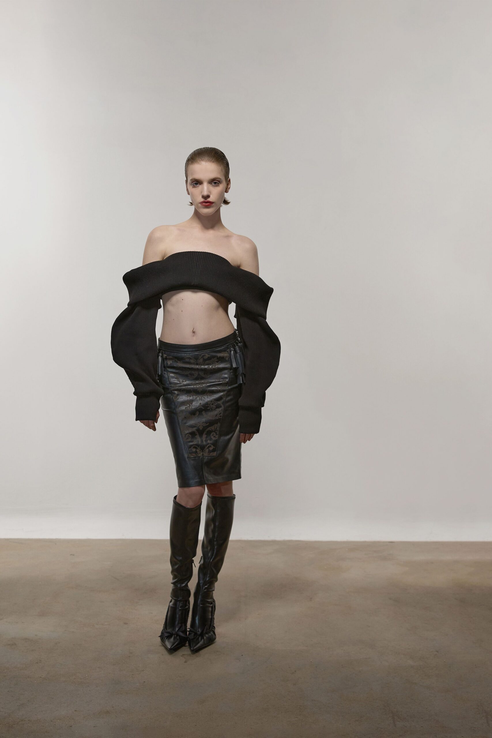 black fitted top and skirt