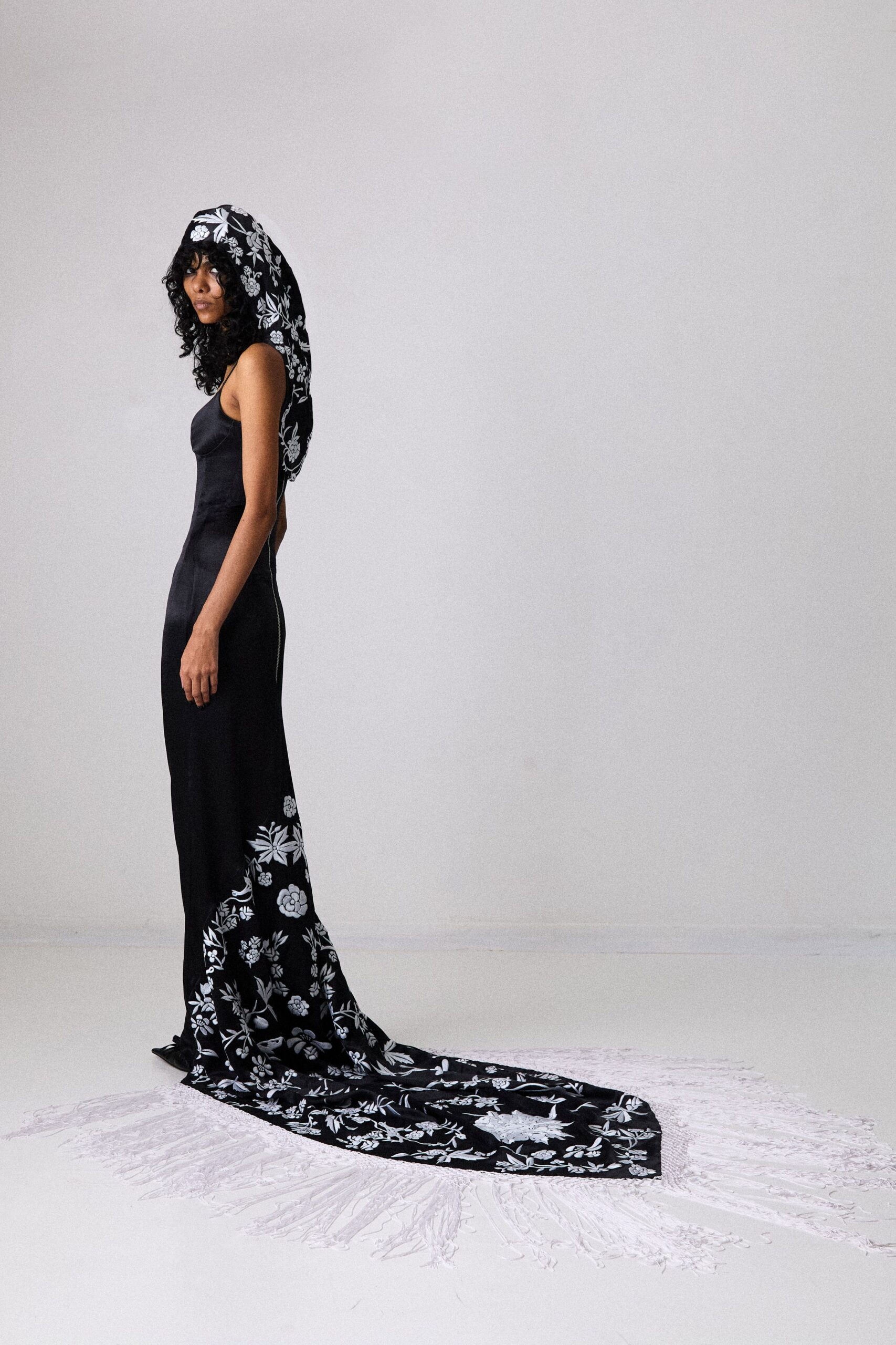 black silk embroidered gown