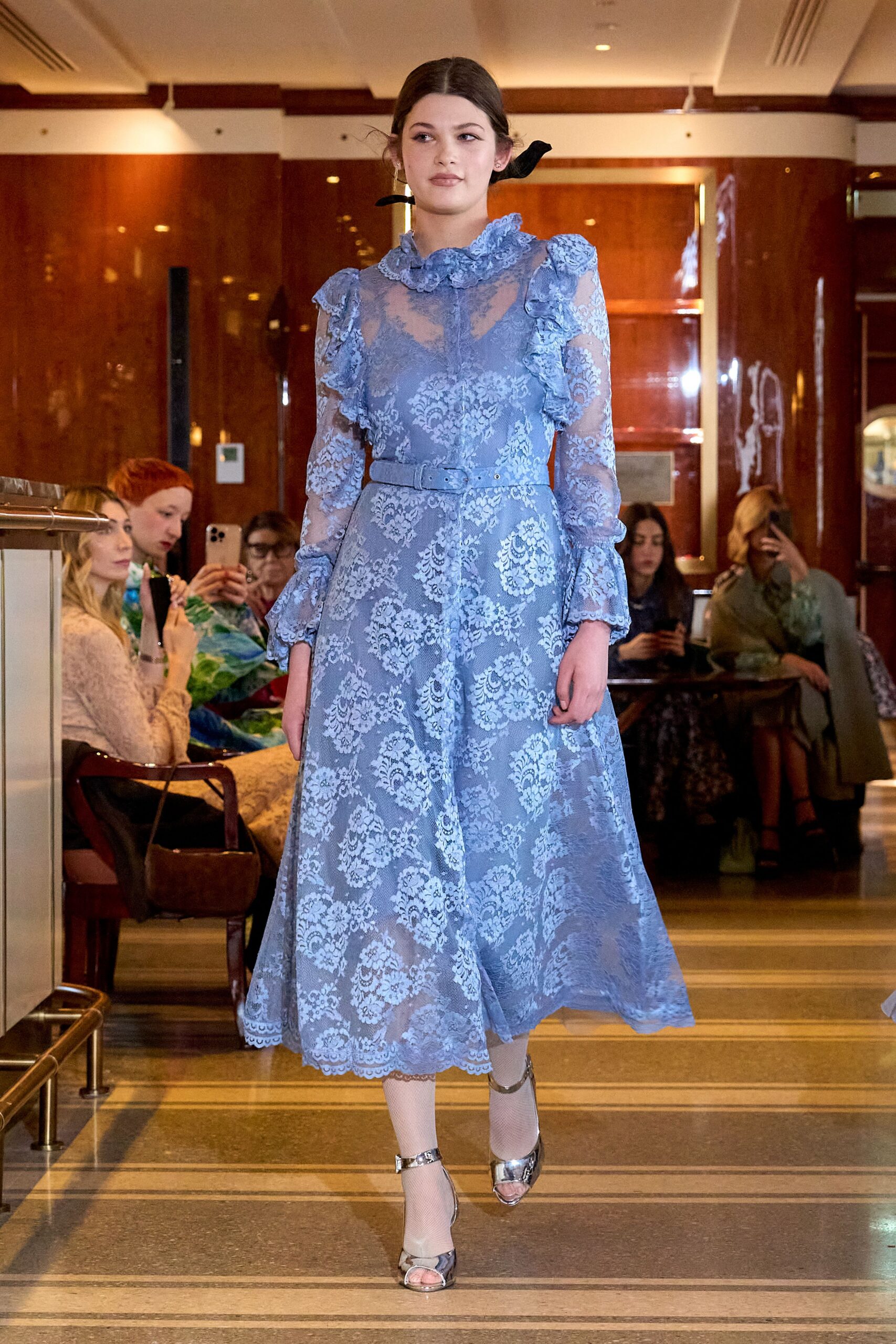 blue lace long-sleeve collared fitted ruffled embroidered dress