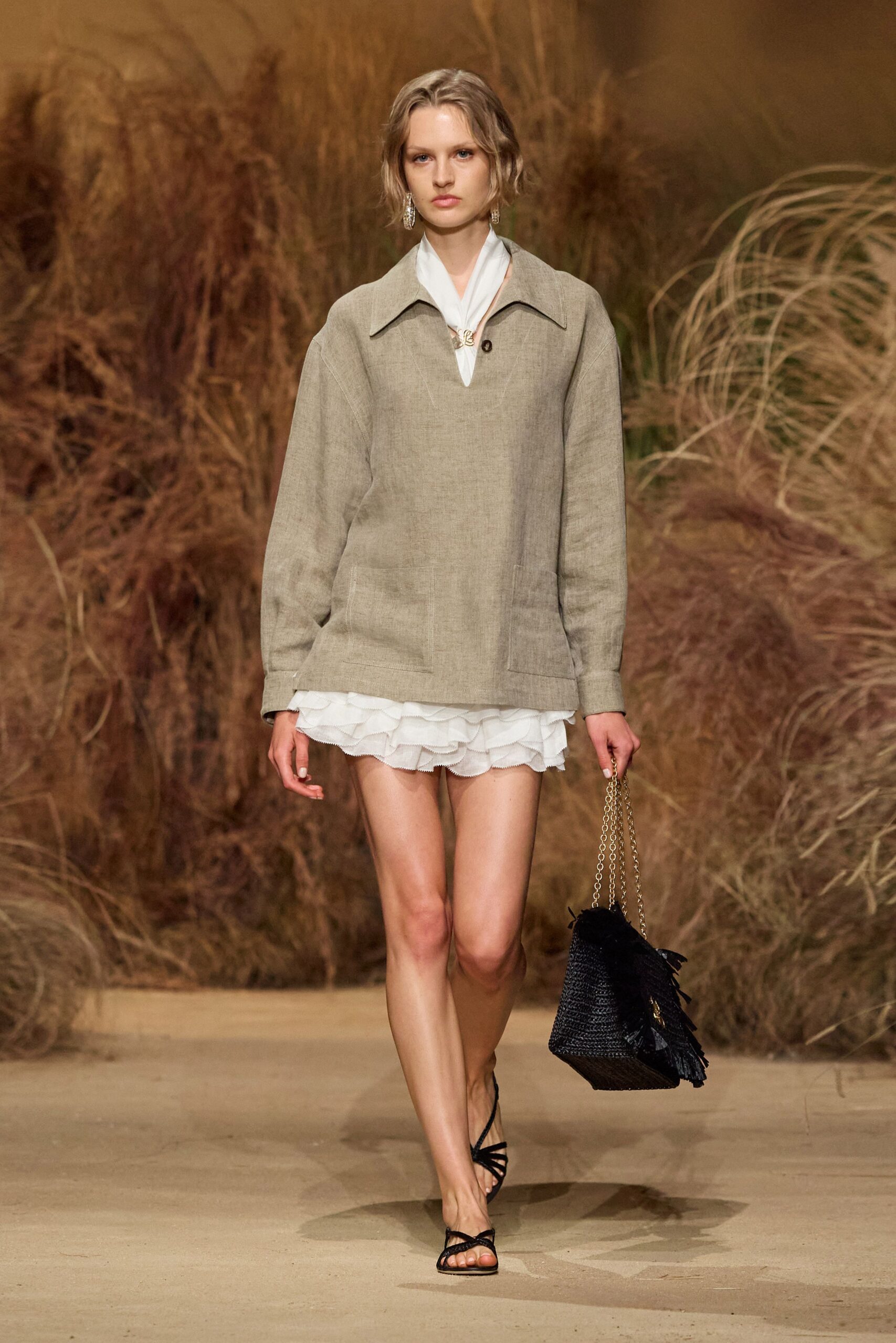 beige linen top white mini dress