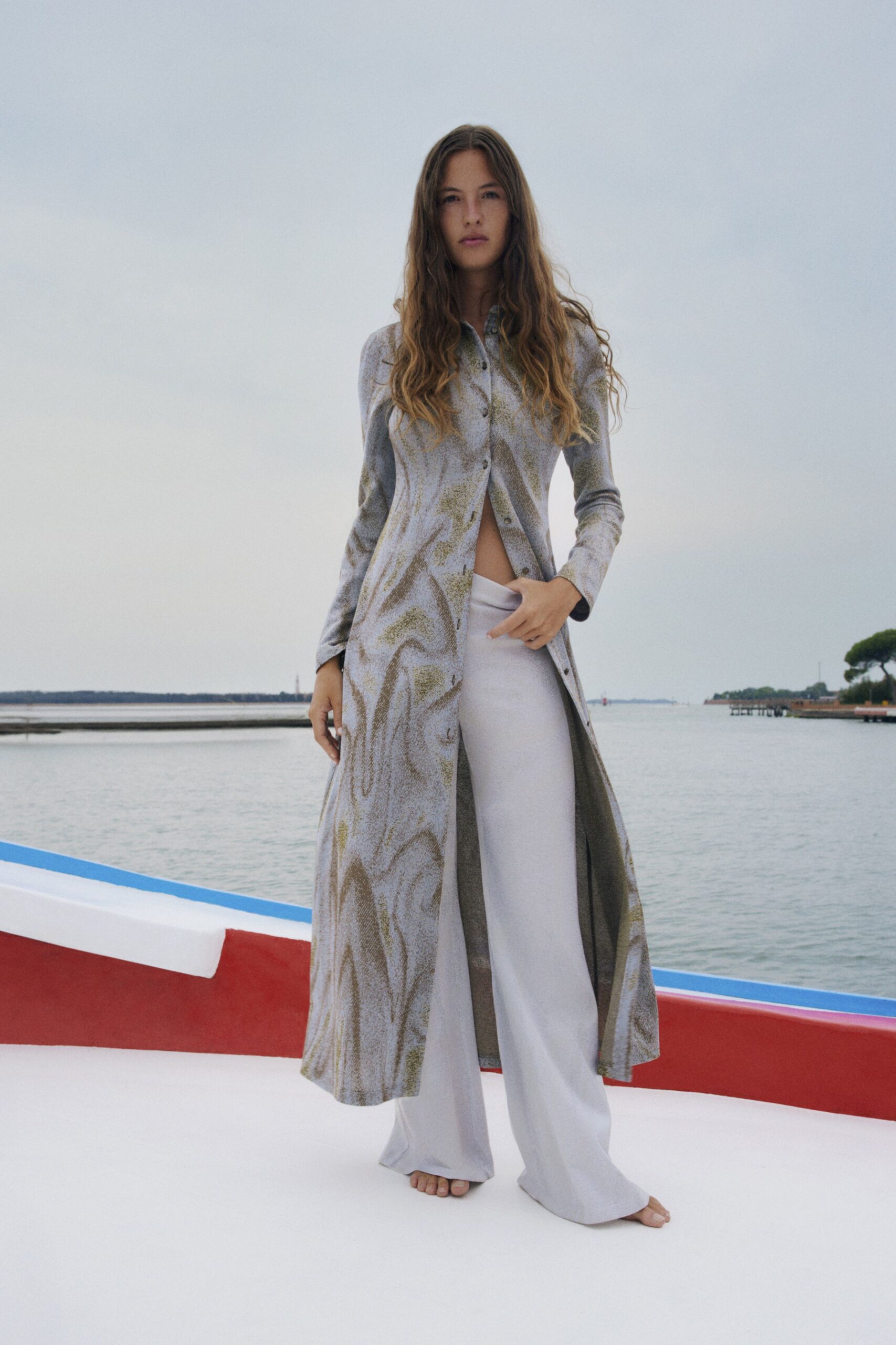 gray silk long-sleeve collared fitted printed draped dress