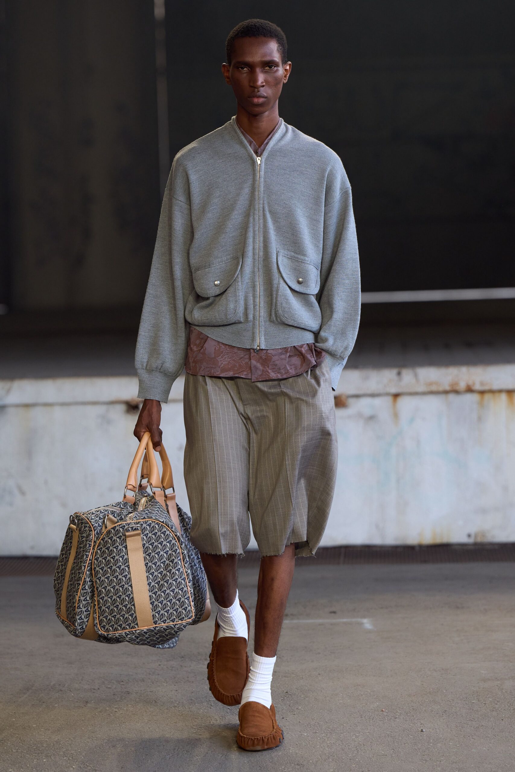 gray relaxed jacket with brown shirt