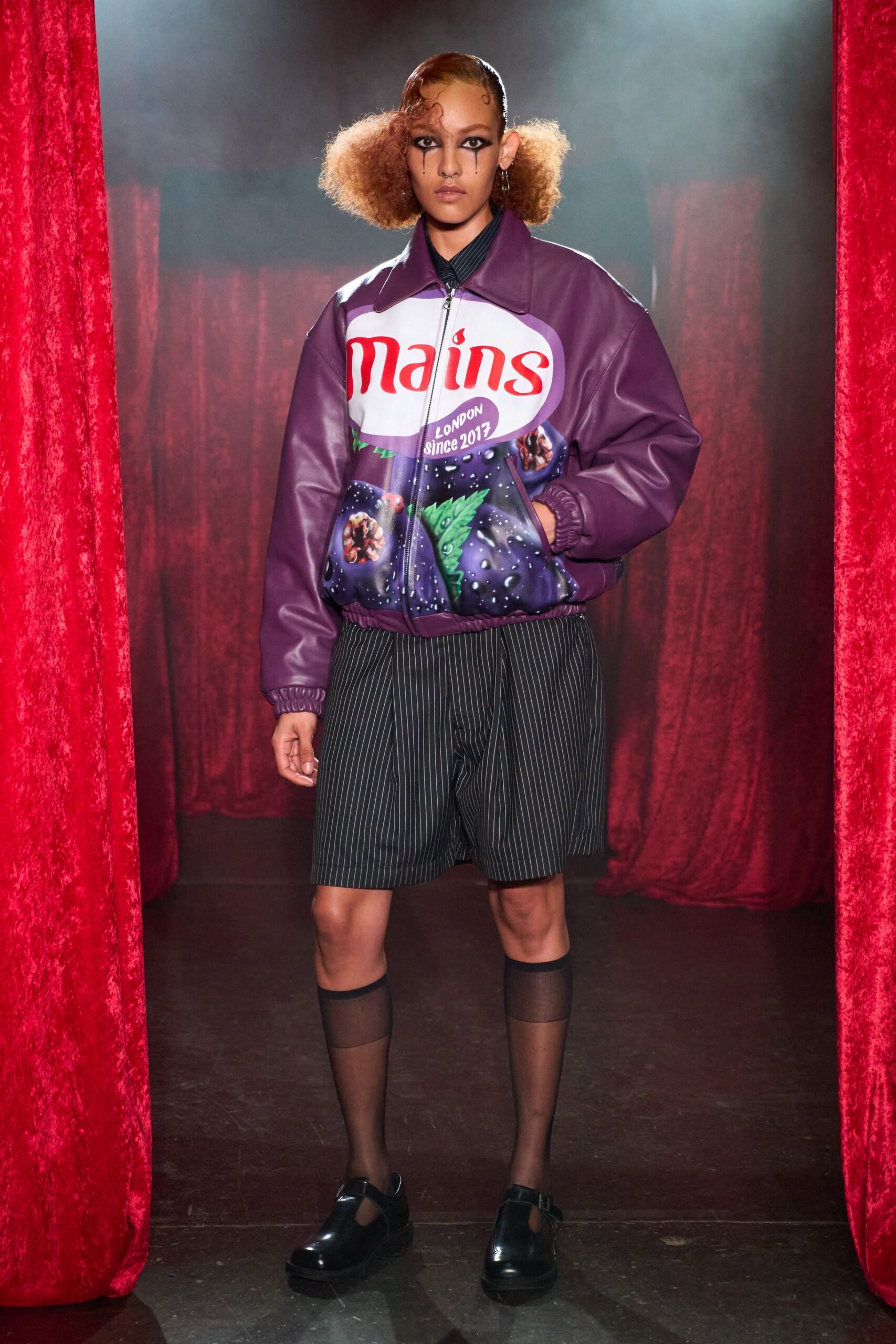 purple satin jacket with striped shorts