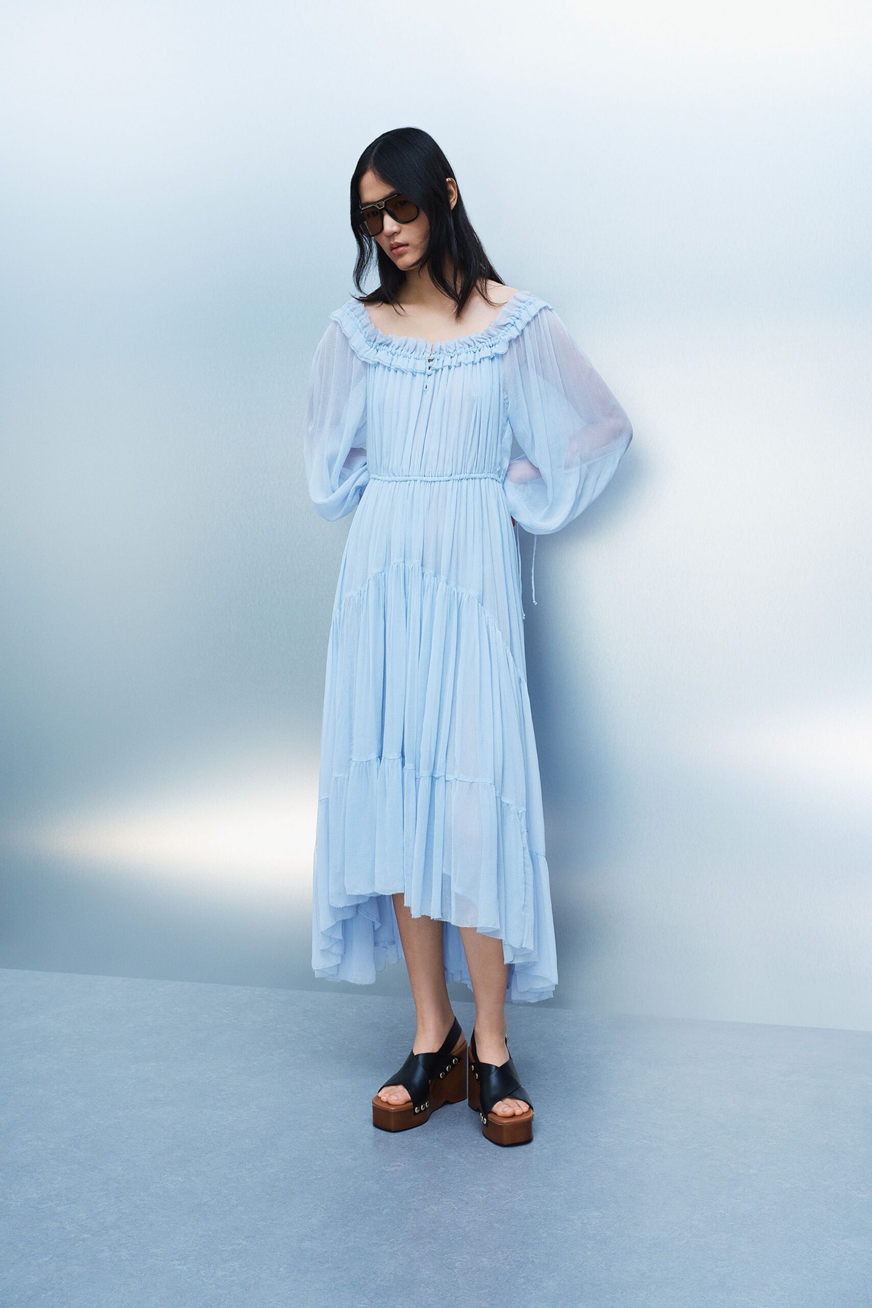 blue chiffon long-sleeve off-shoulder relaxed tiered ruffled dress
