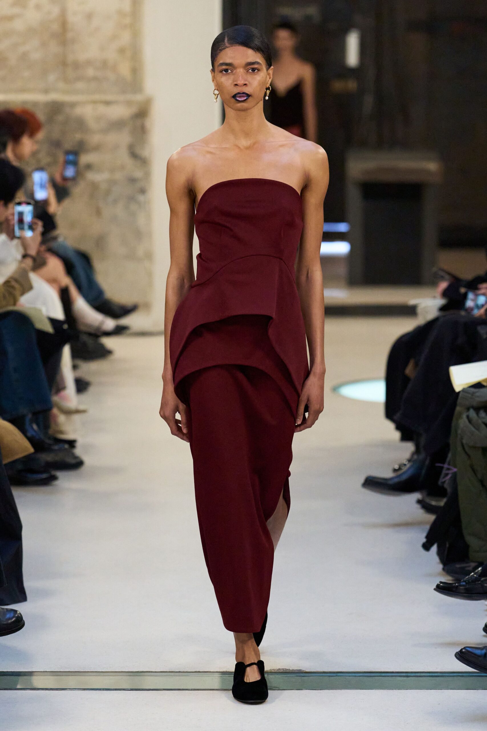 maroon silk strapless asymmetric fitted draped midi dress