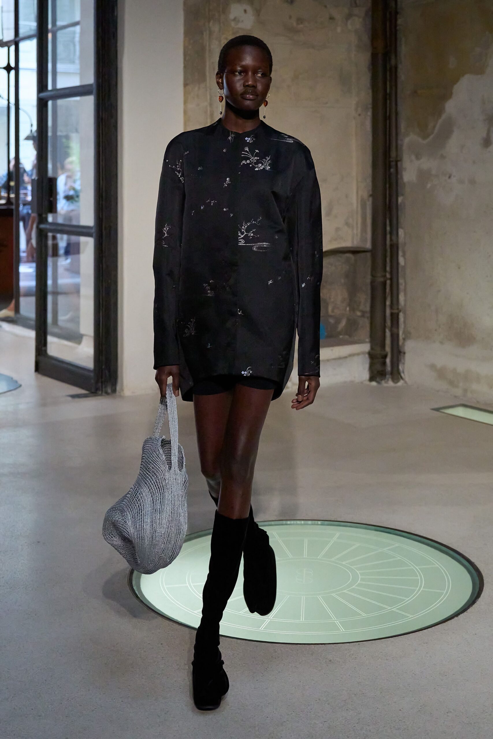 black silk long-sleeve collared fitted embroidered short shirt-dress