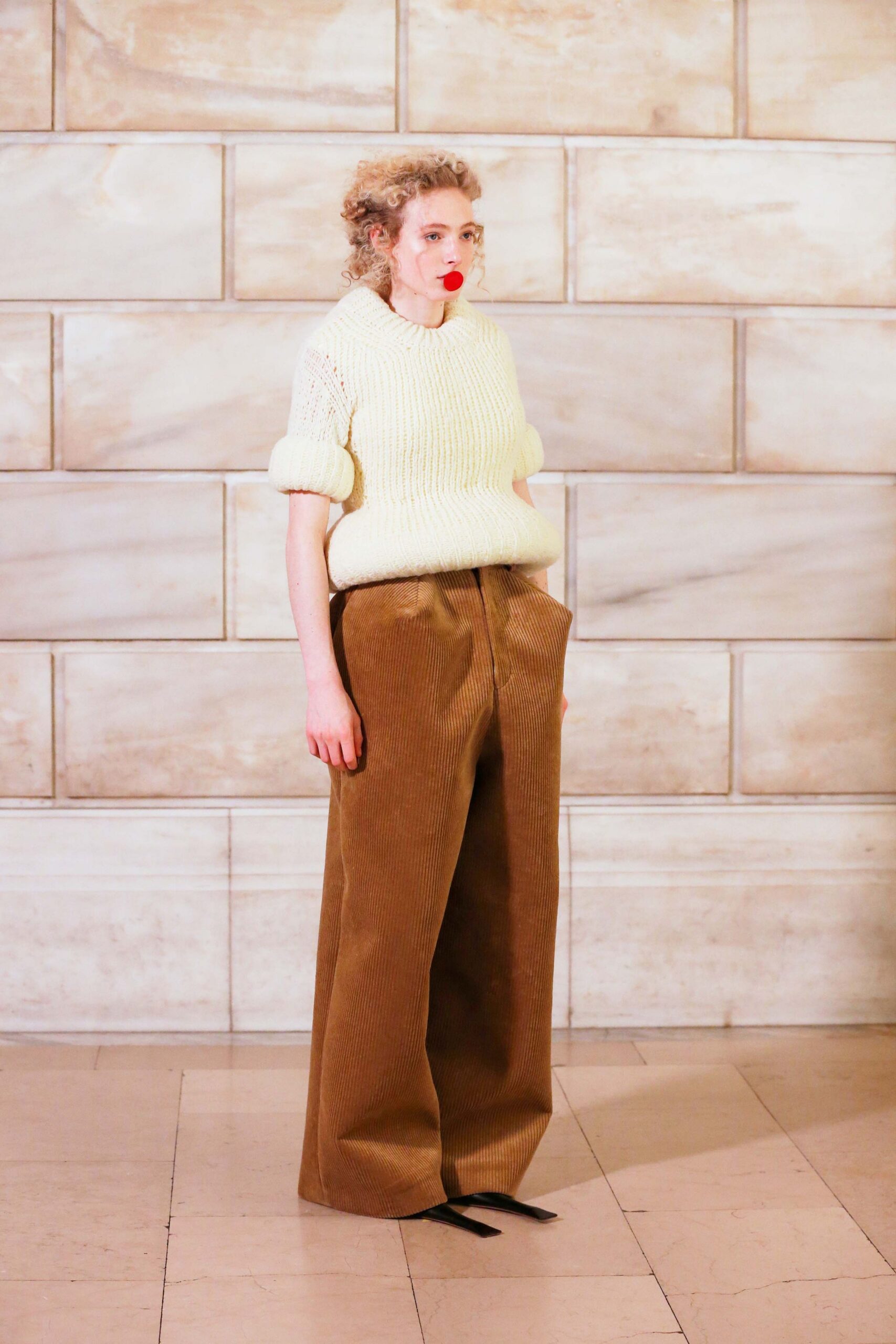 white wool short-sleeve collared oversized sweater
