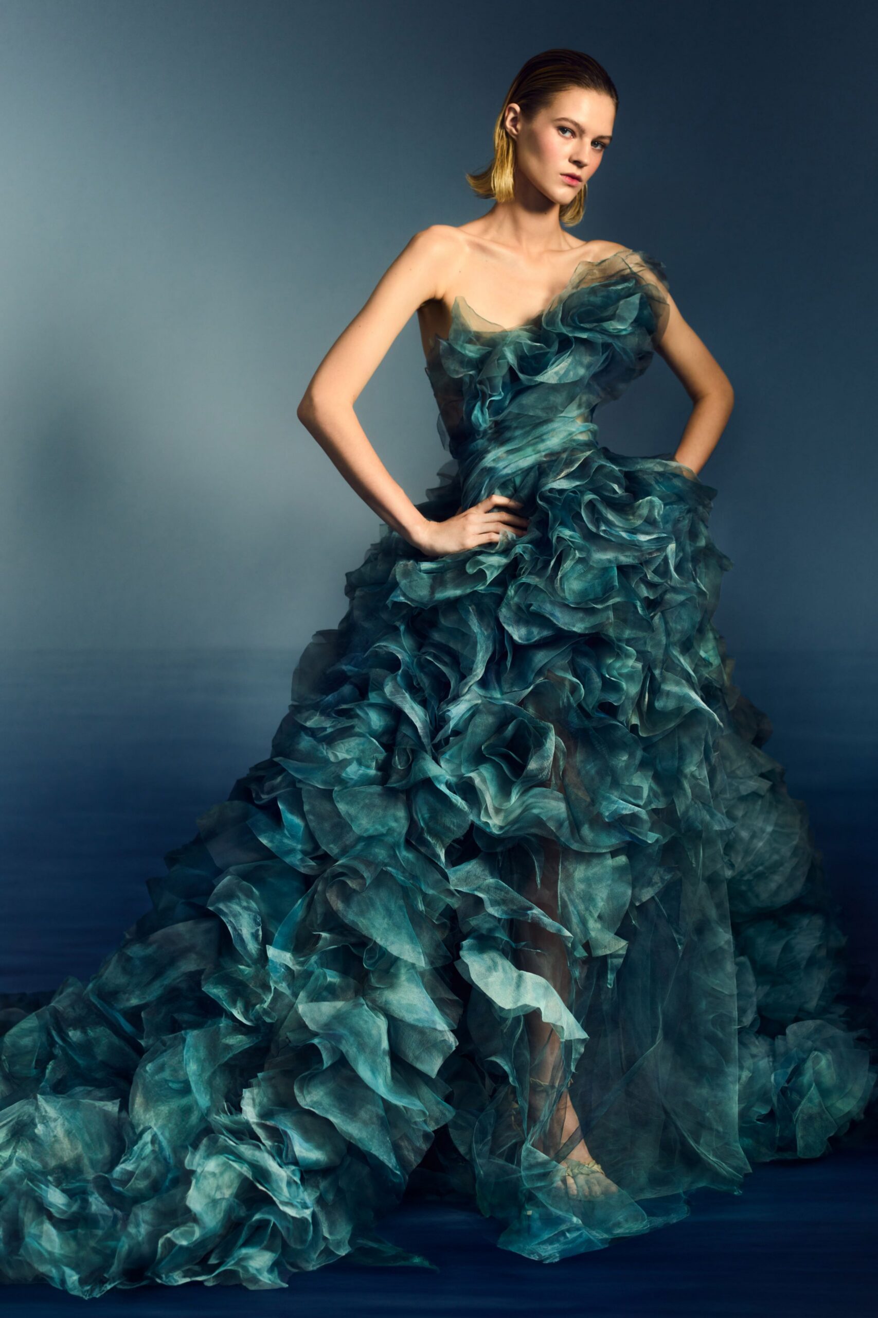 teal ruffled strapless gown